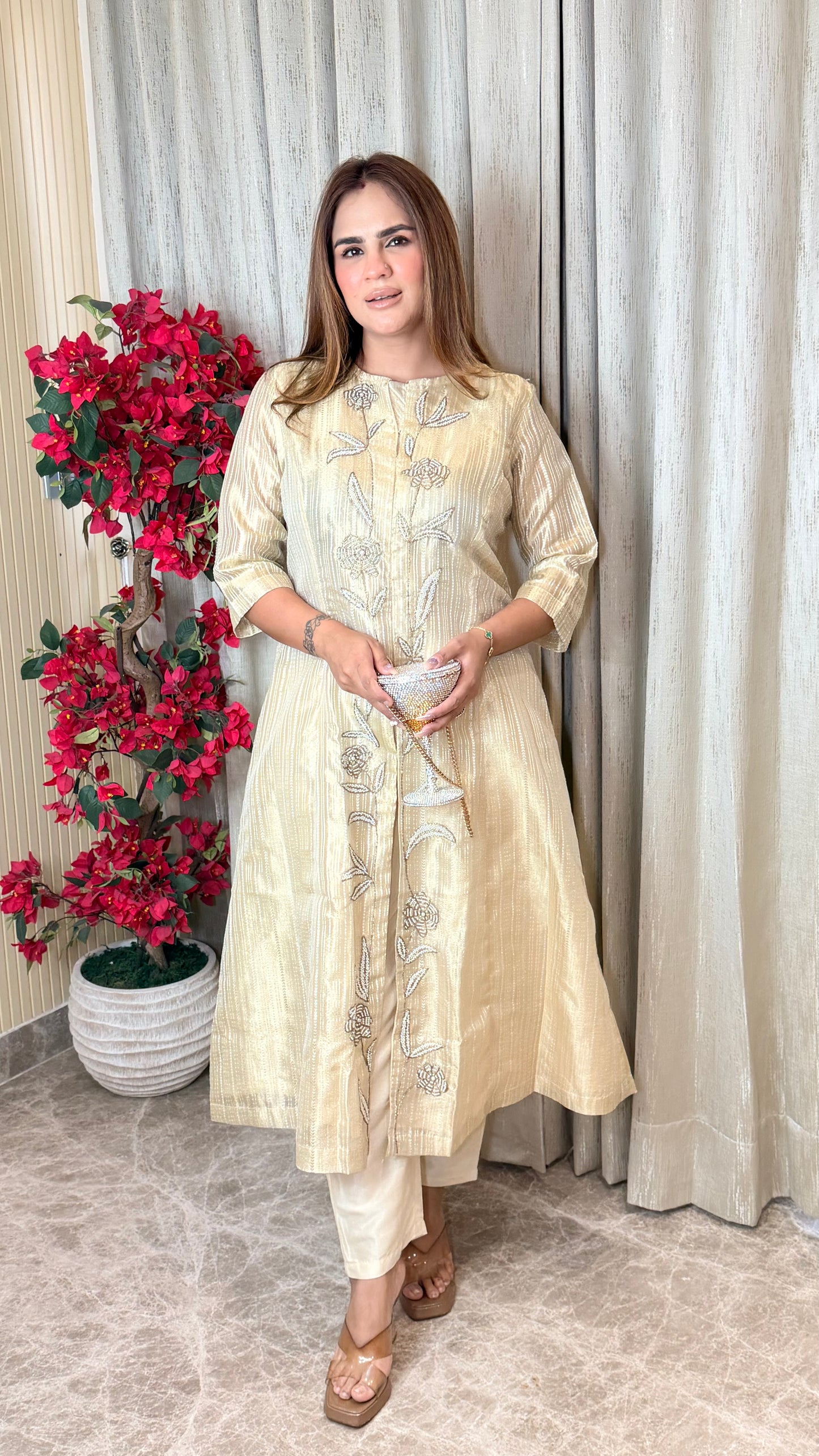 Ivory Floral Embroidered Kurta Cord Set PC3489
