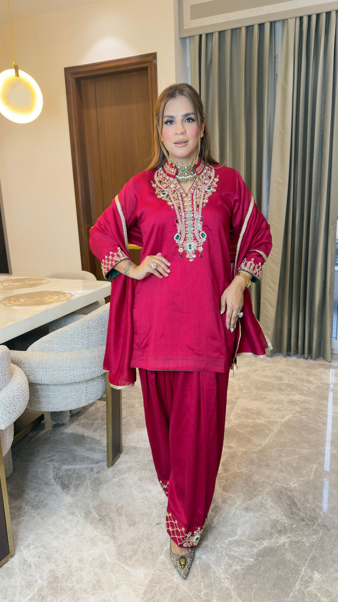 elegant rani hot pink silk ethnic kurta and salwar set pc3343