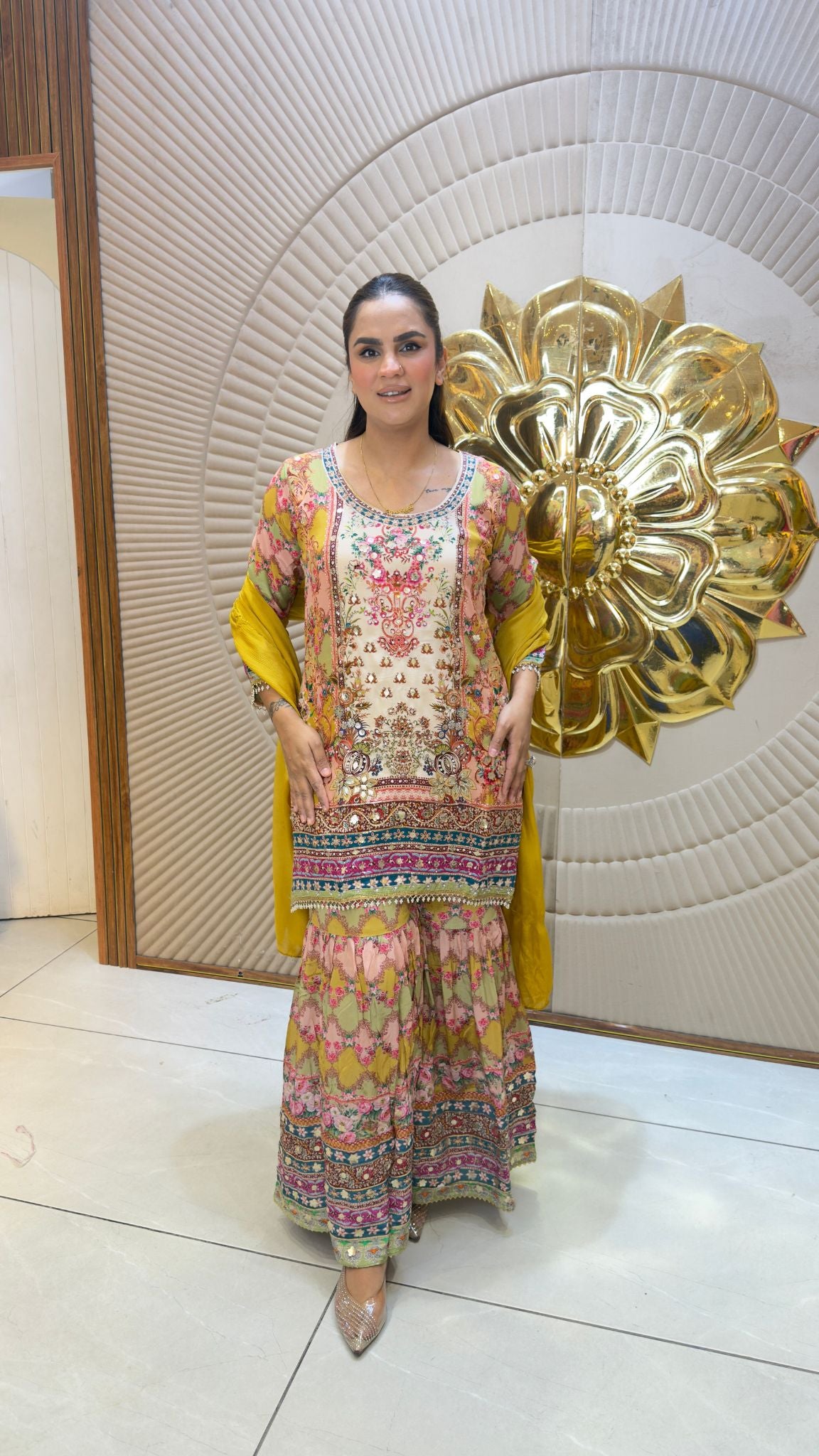 beautiful printed and embroidered sharara suit set pc3395
