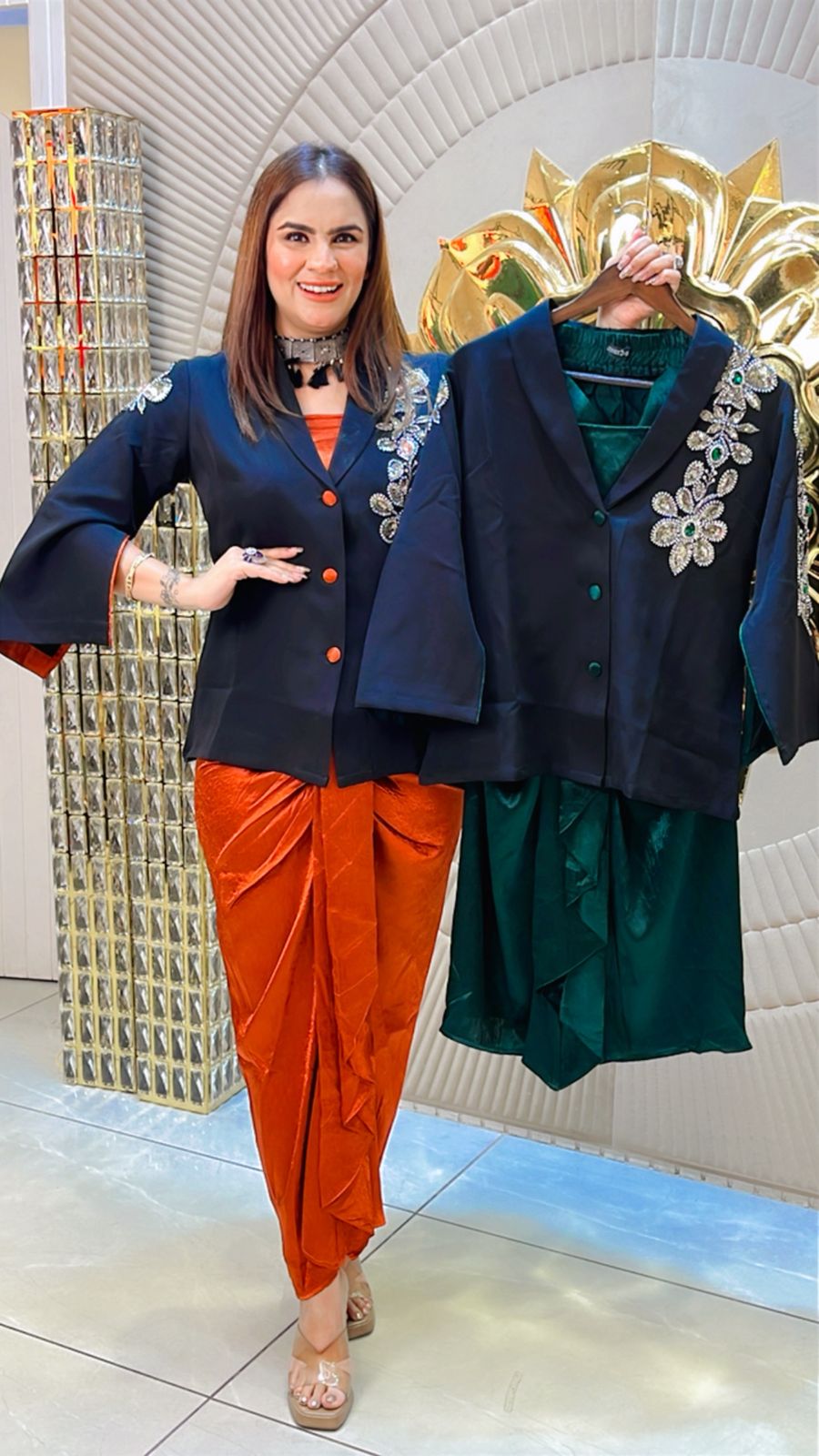 3 Piece Indo-Western Set With Embroidery Blazer PC1513