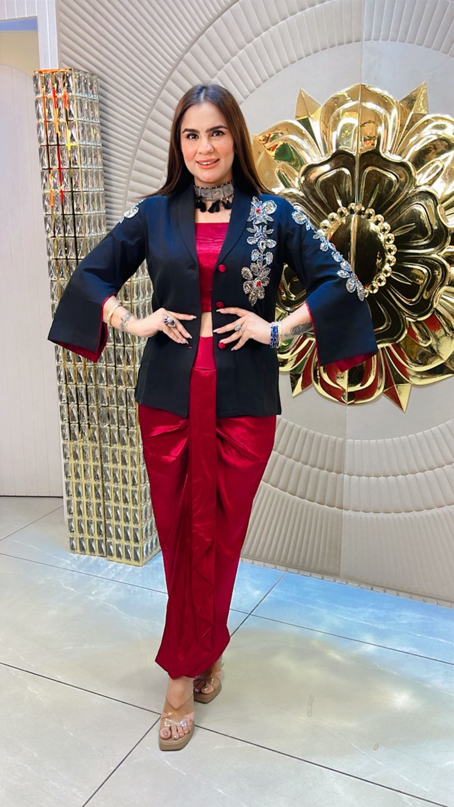 3 Piece Indo-Western Set With Embroidery Blazer PC1513