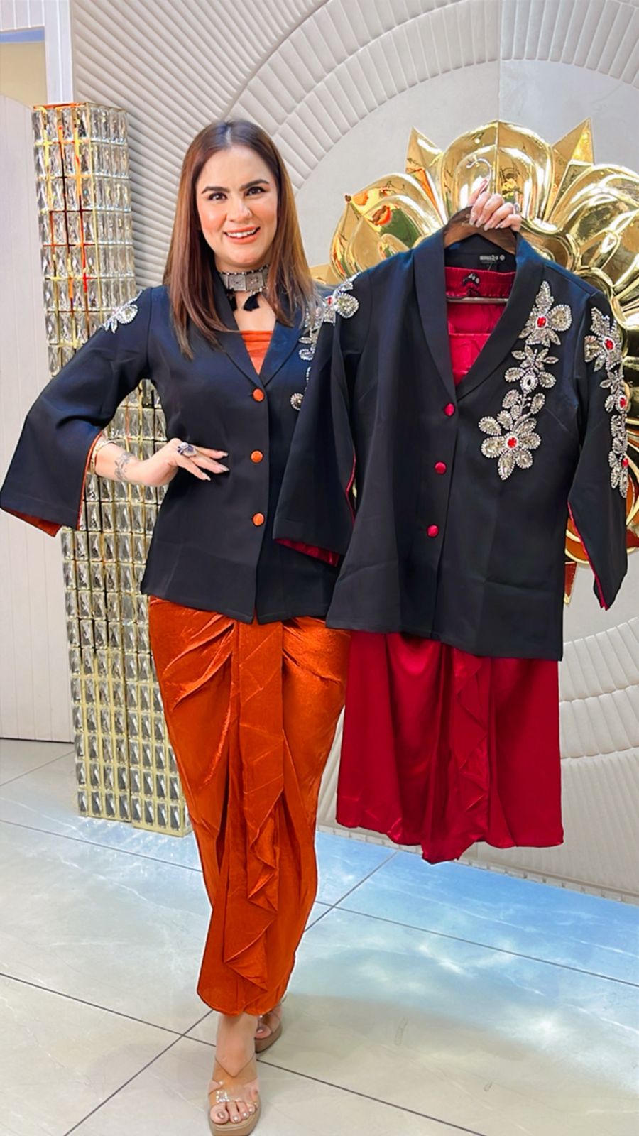 3 Piece Indo-Western Set With Embroidery Blazer PC1513