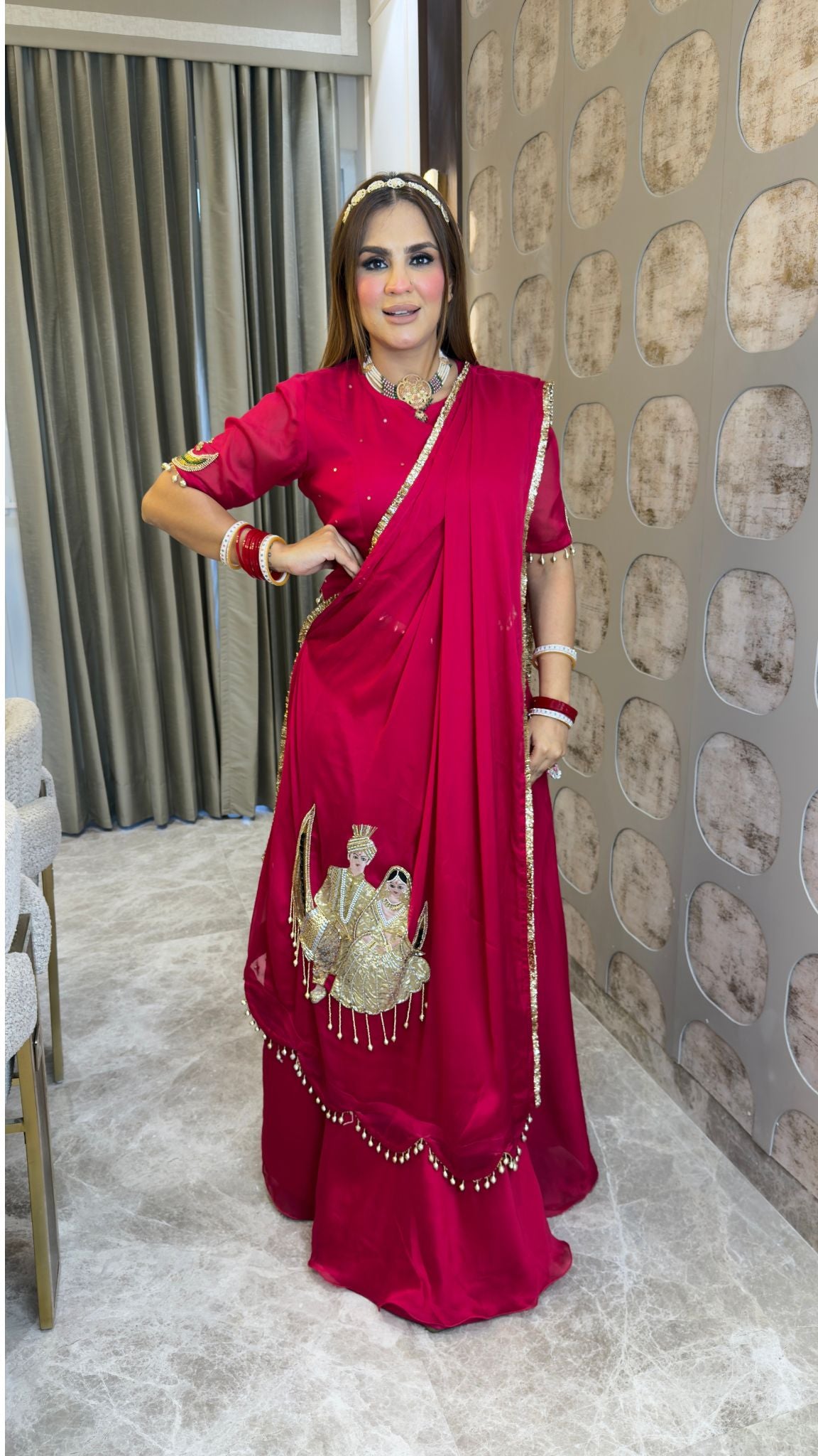 Elegant fuchsia-red draped saree or skirt-and-draped saree pc3378