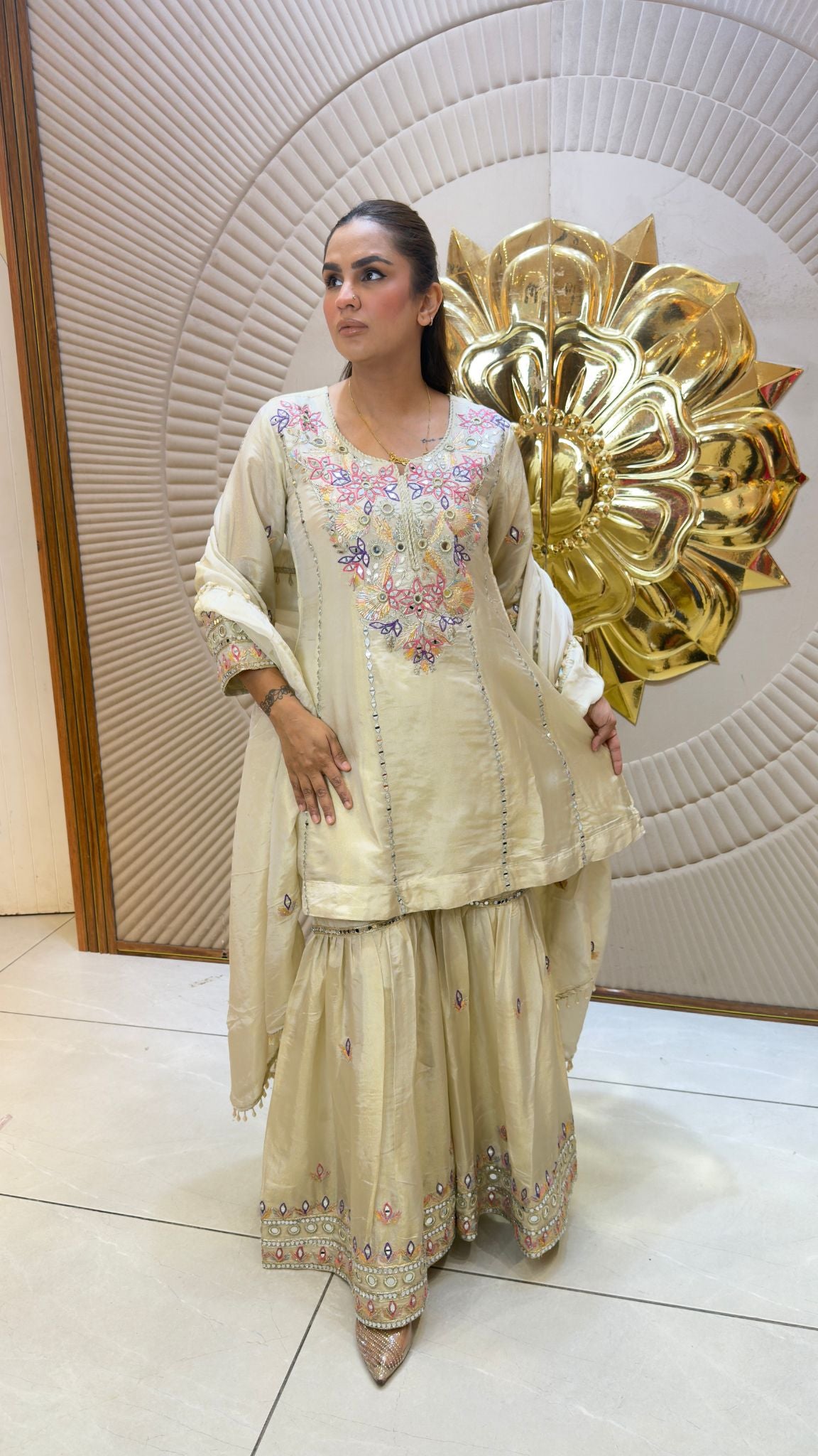 Beautiful pastel beige or ivory embroidered sharara suit set pc3393