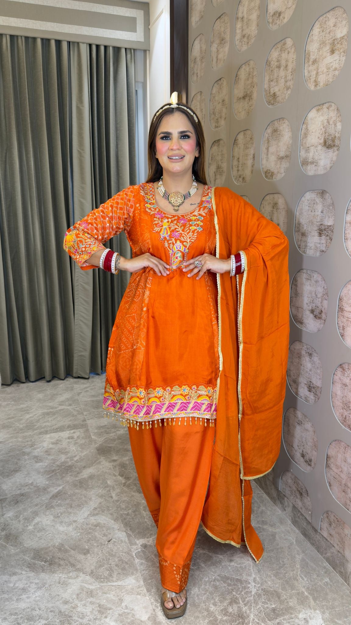 Elegant ethnic ensemble featuring a short embroidered kurta paired with a matching salwar and dupatta pc3382