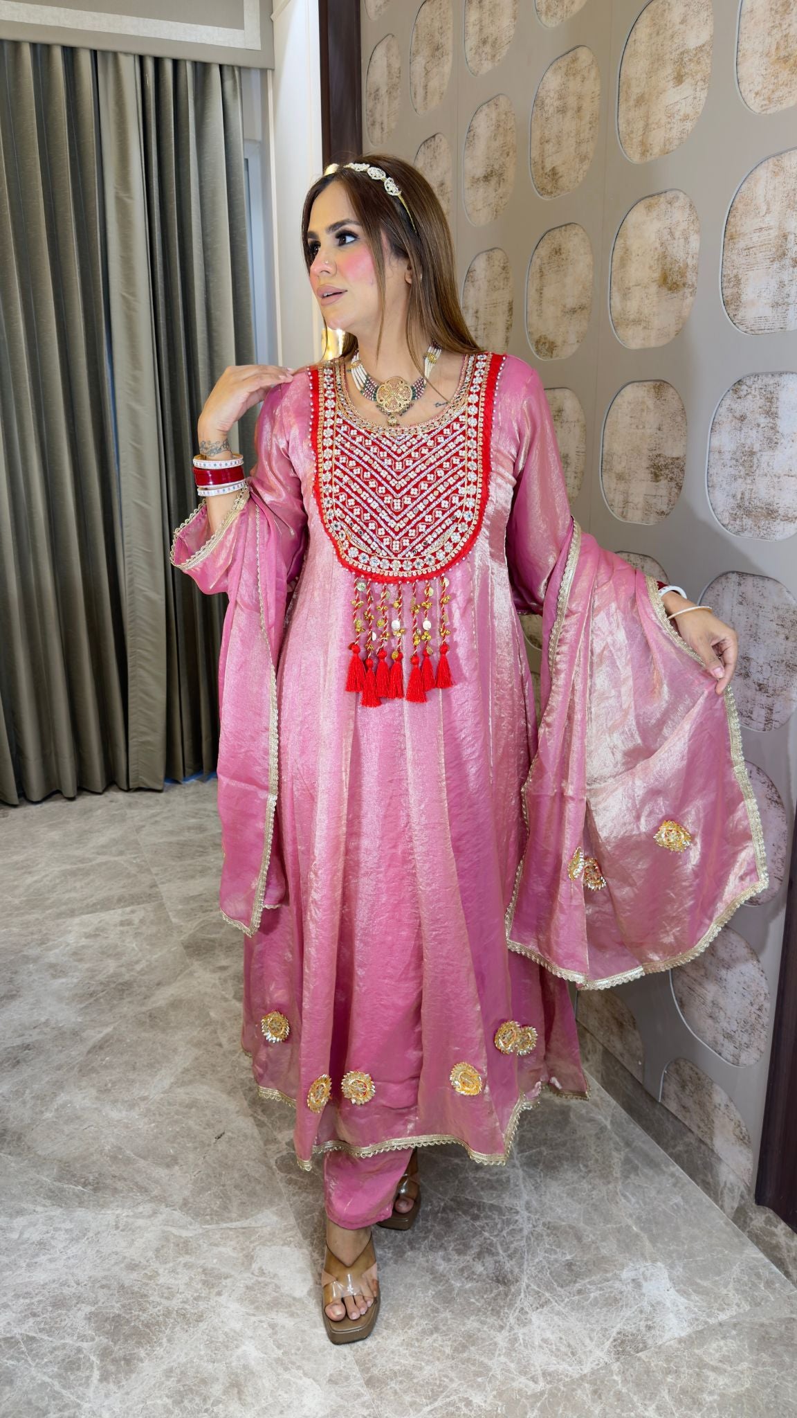 Elegant shimmer and silk-blend Anarkali suit set pc3381