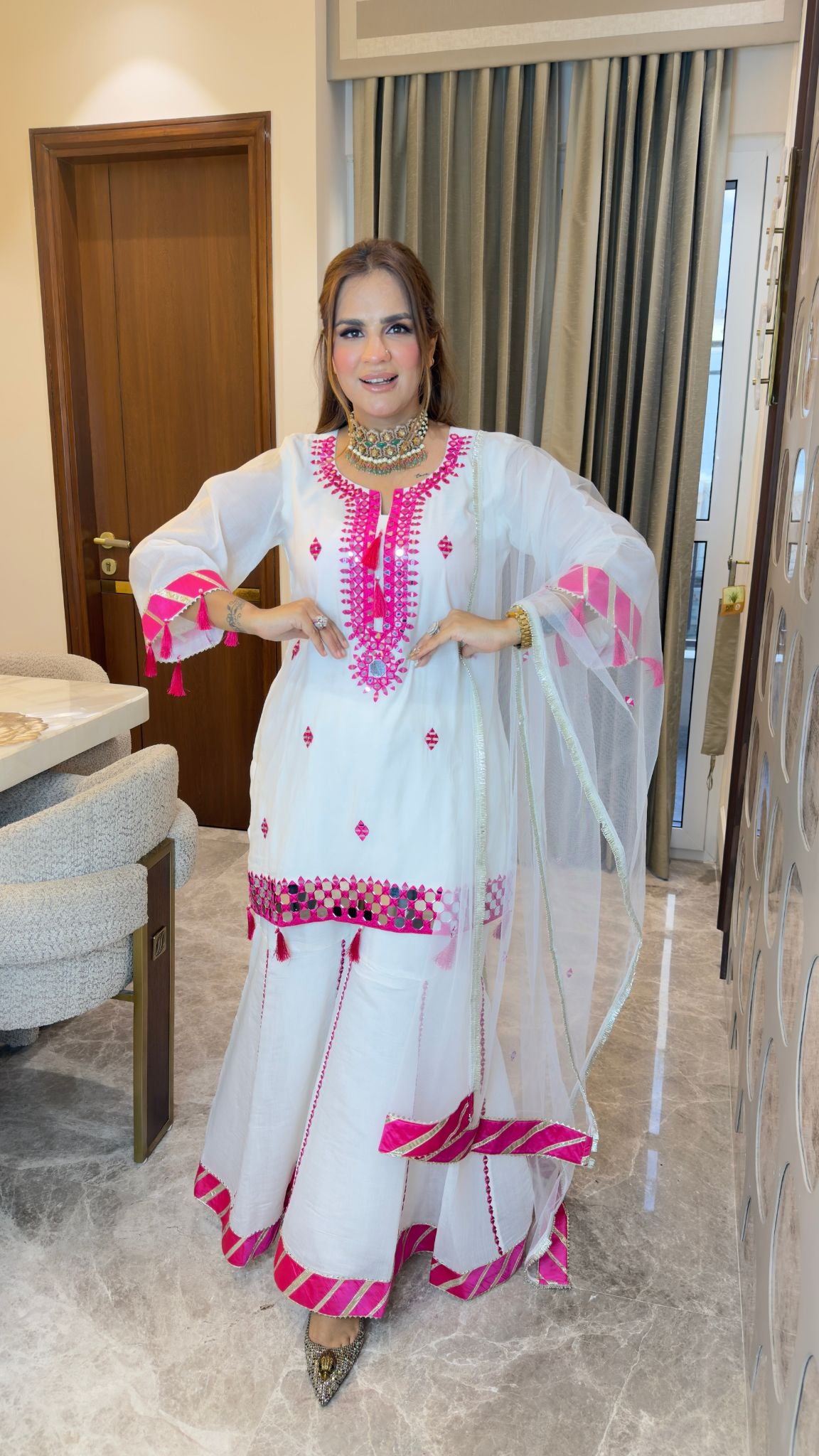 Beautiful pink embroidered kurta and sharara set pc3347