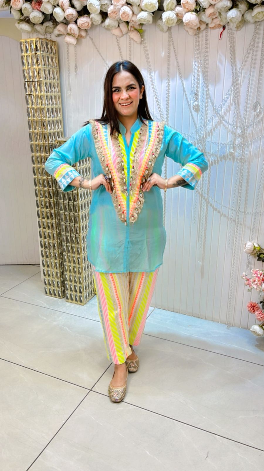 Beautiful Ban-Neck Lace Work Co-Ord Set PC1108