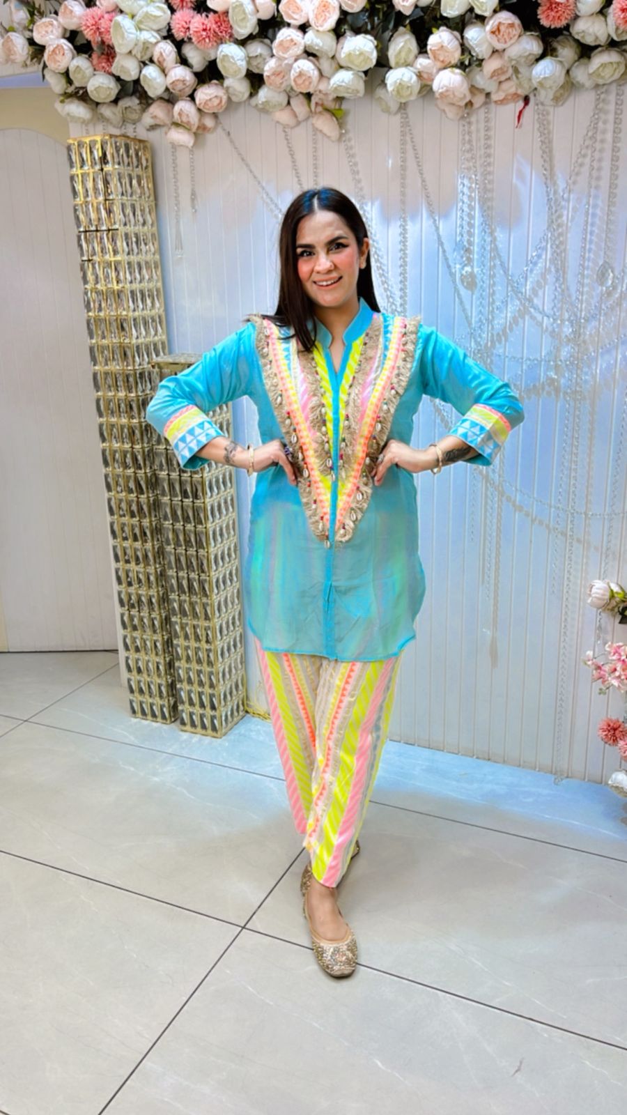 Beautiful Ban-Neck Lace Work Co-Ord Set PC1108