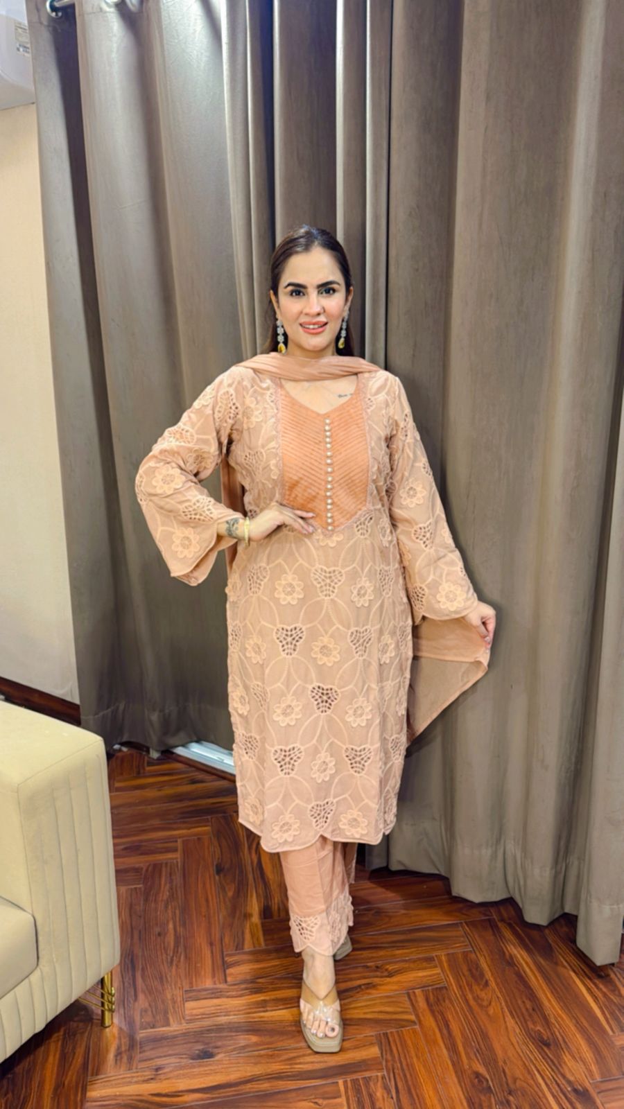 Beautiful Crape Crochet Suit With Cotton Pants PC1512