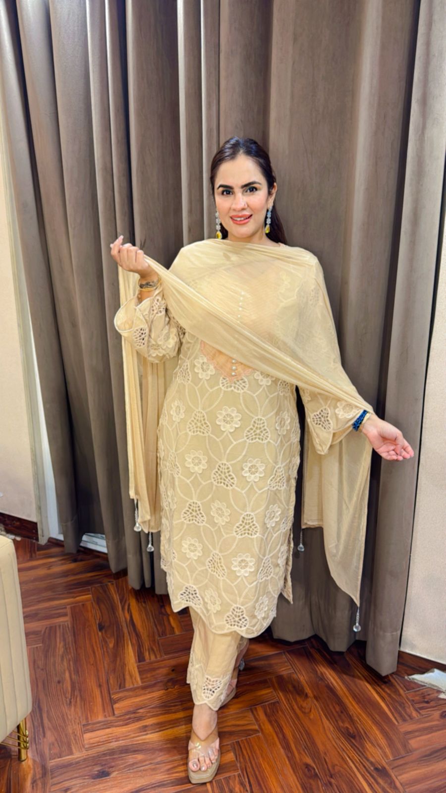 Beautiful Crape Crochet Suit With Cotton Pants PC1512