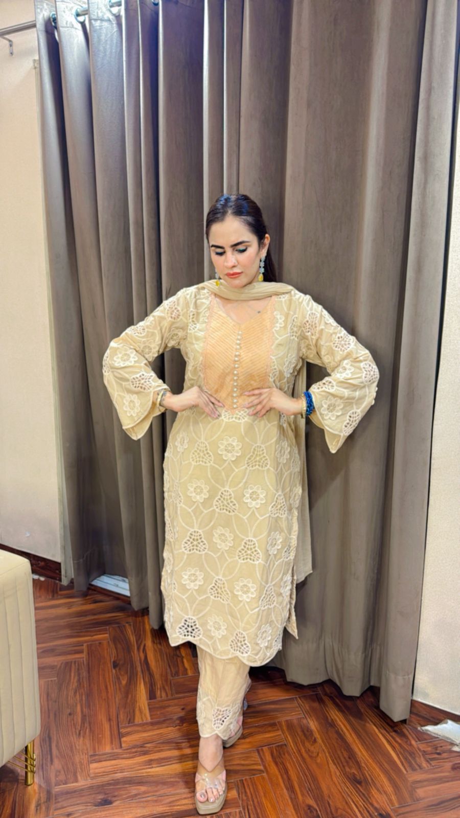 Beautiful Crape Crochet Suit With Cotton Pants PC1512