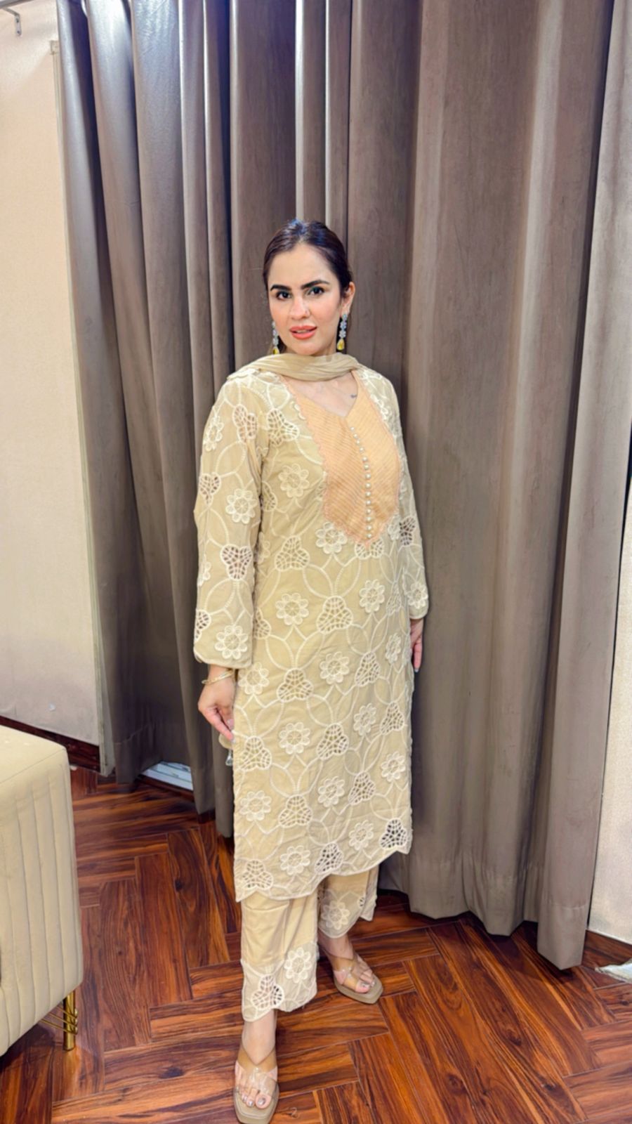Beautiful Crape Crochet Suit With Cotton Pants PC1512
