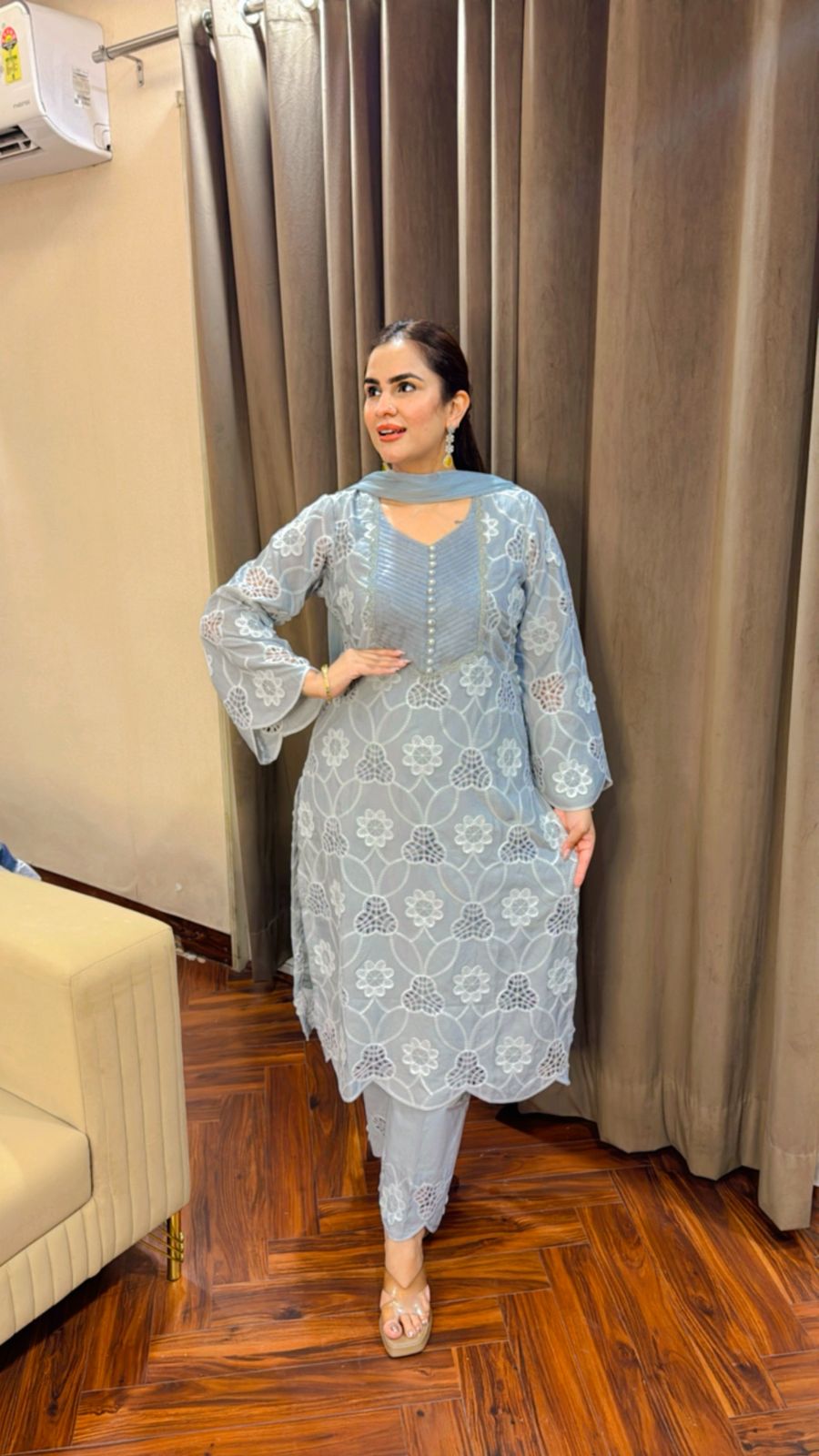 Beautiful Crape Crochet Suit With Cotton Pants PC1512
