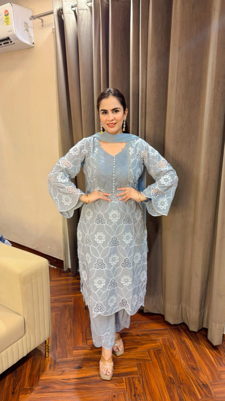 Beautiful Crape Crochet Suit With Cotton Pants PC1512