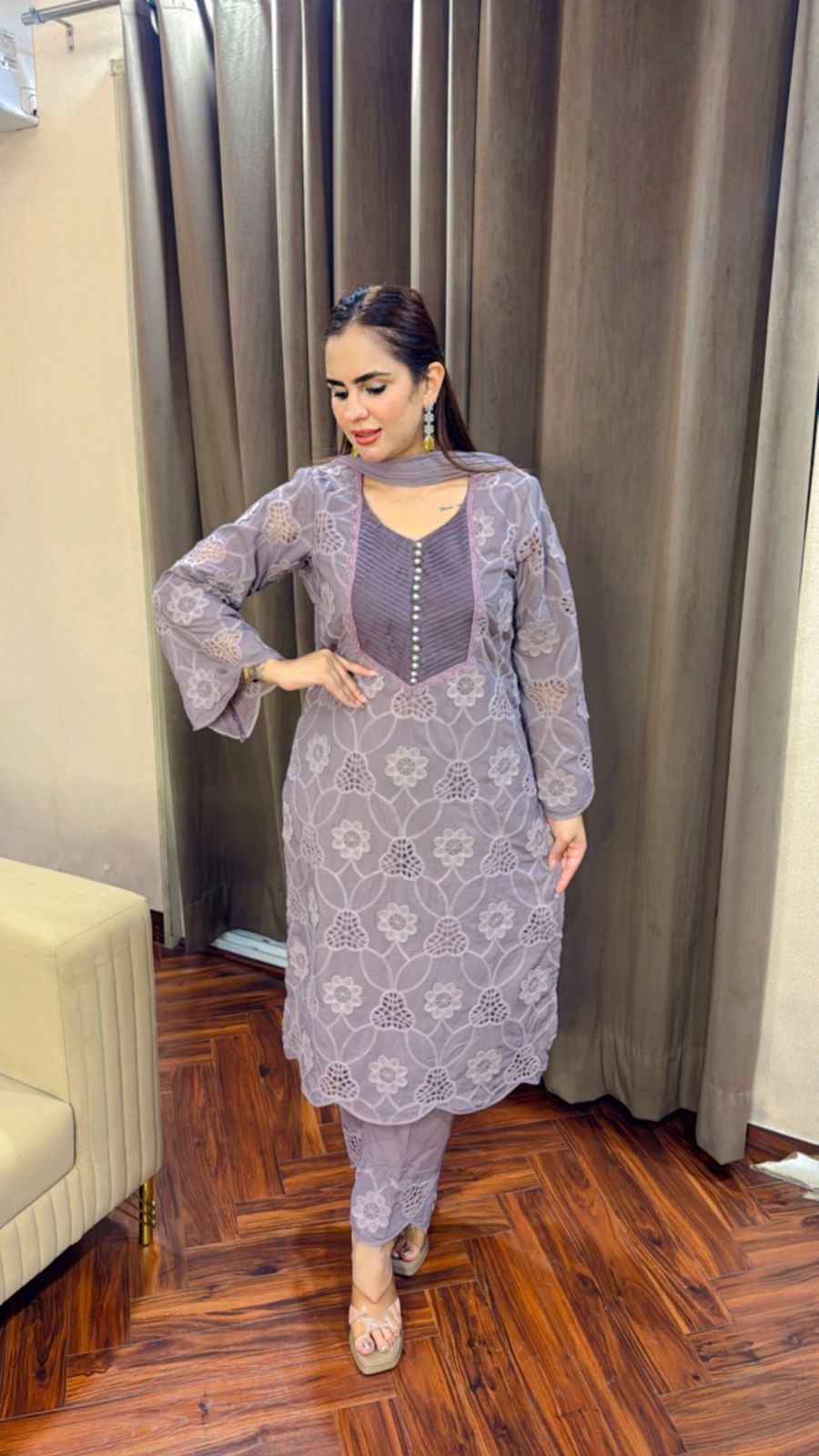 Beautiful Crape Crochet Suit With Cotton Pants PC1512
