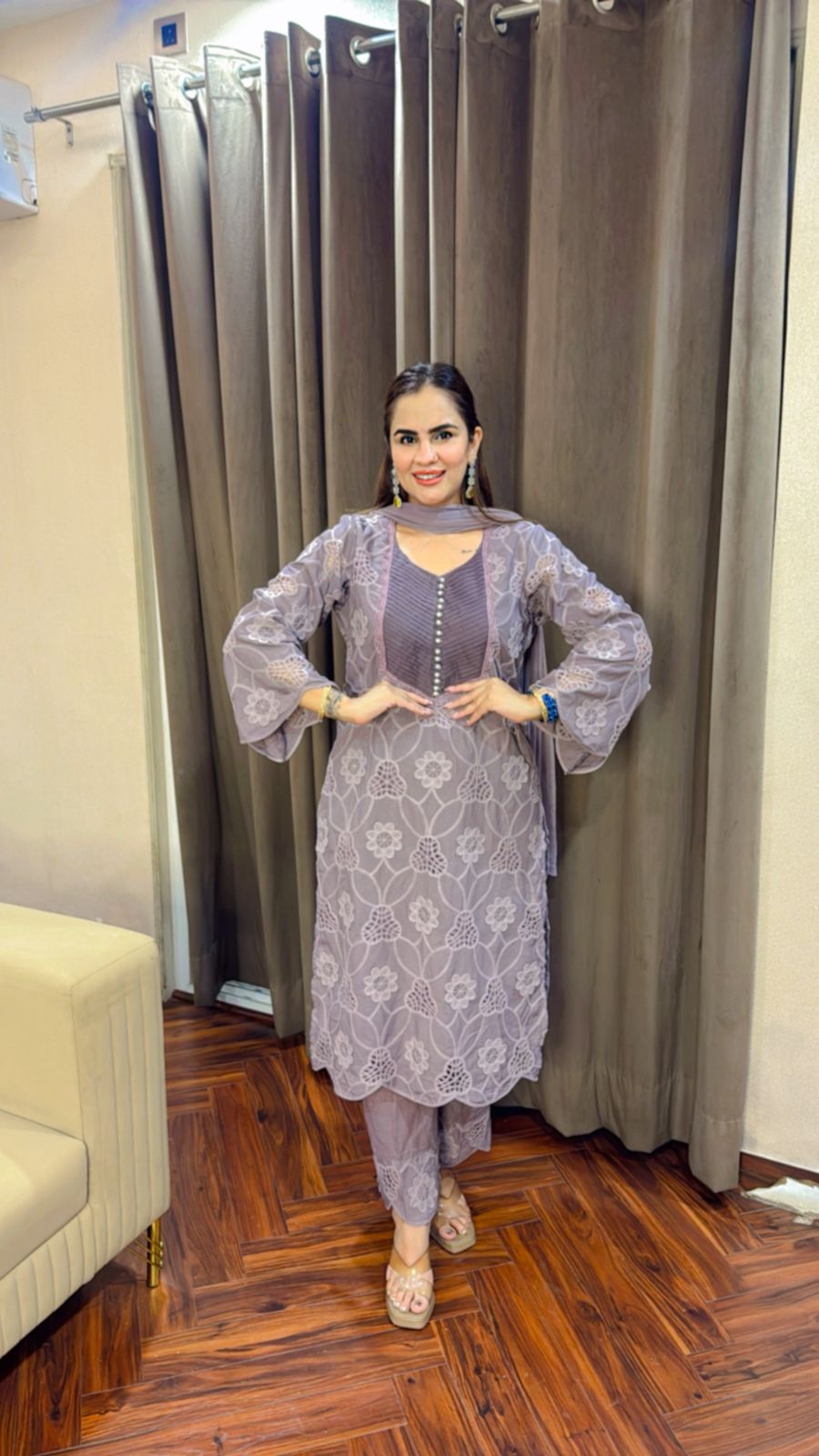 Beautiful Crape Crochet Suit With Cotton Pants PC1512