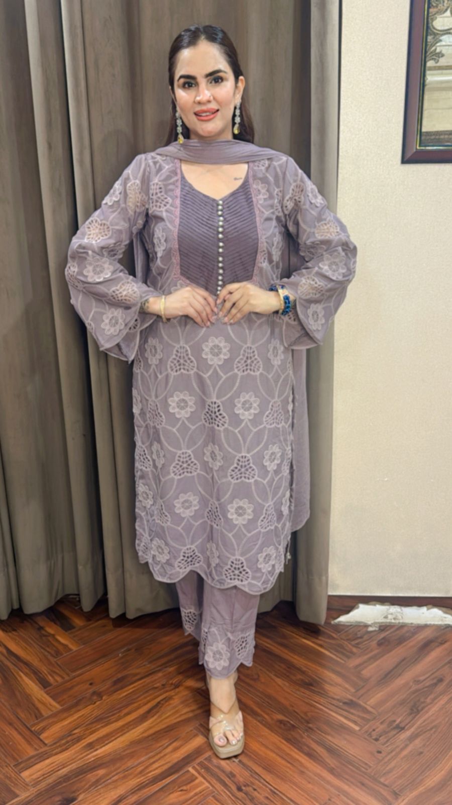 Beautiful Crape Crochet Suit With Cotton Pants PC1512