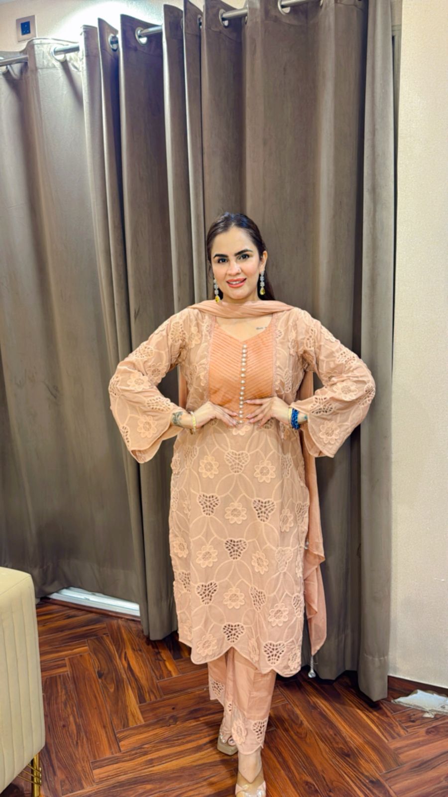 Beautiful Crape Crochet Suit With Cotton Pants PC1512