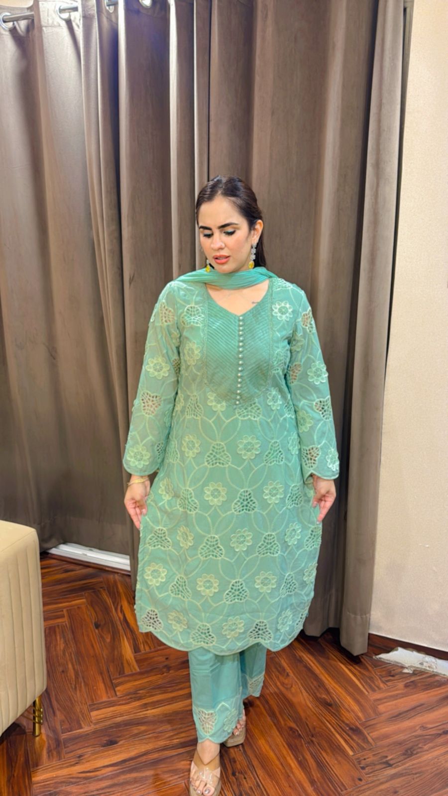 Beautiful Crape Crochet Suit With Cotton Pants PC1512