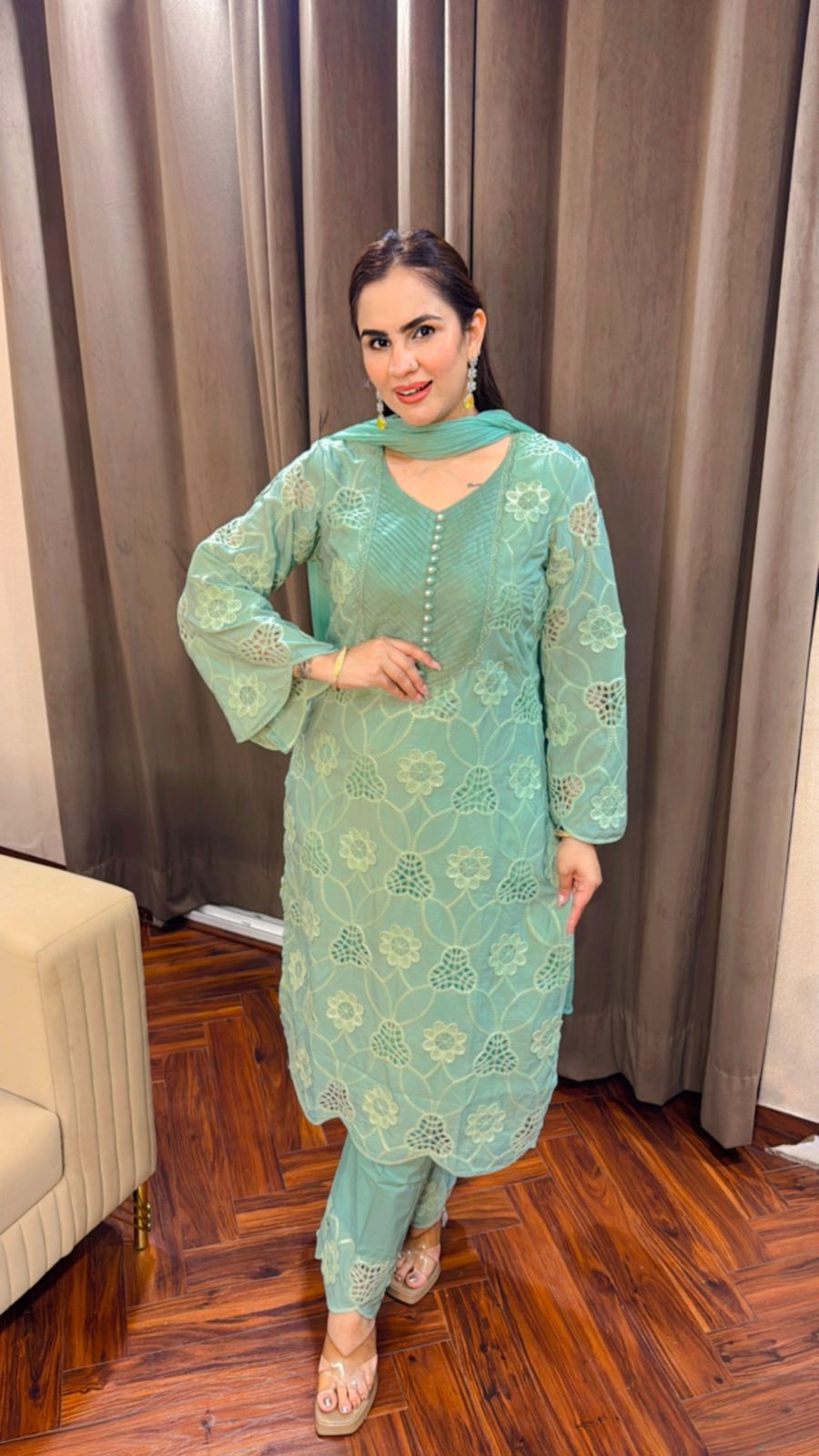 Beautiful Crape Crochet Suit With Cotton Pants PC1512