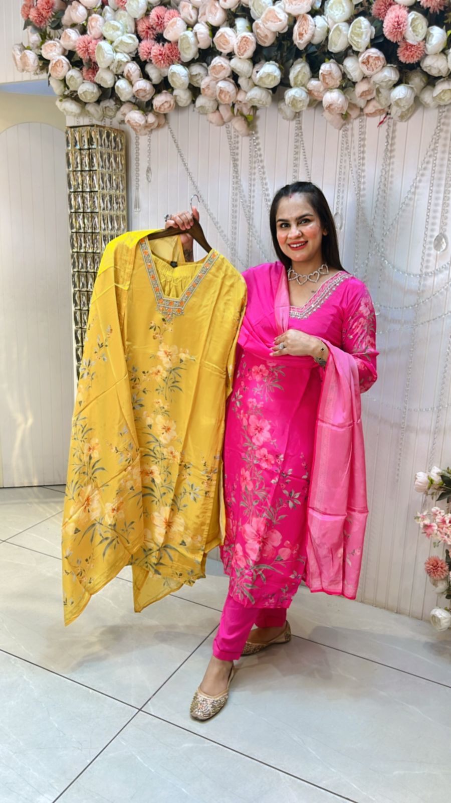 Beautiful Suit With Flower Print and Embroidery Neck PC685