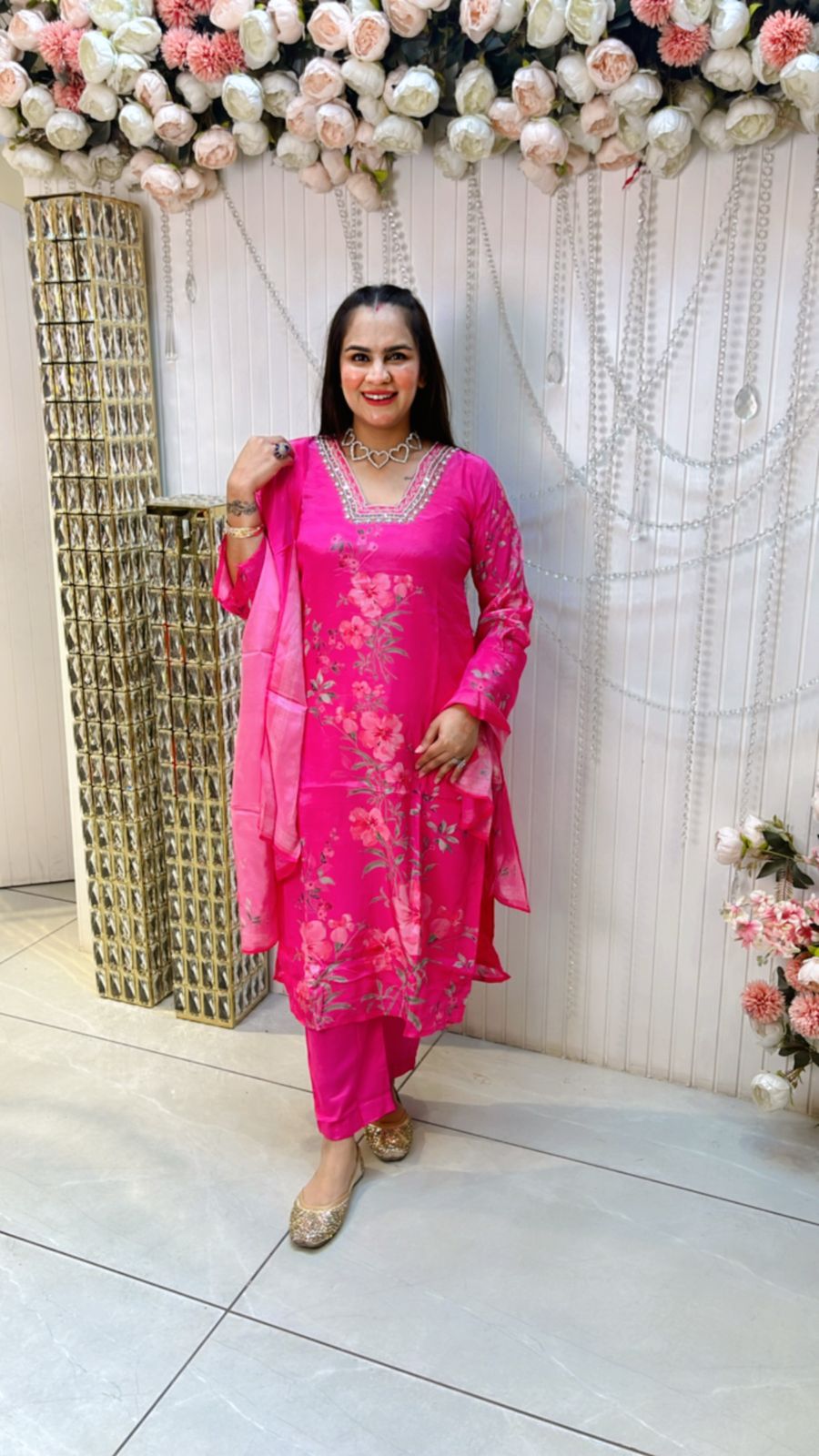 Beautiful Suit With Flower Print and Embroidery Neck PC685