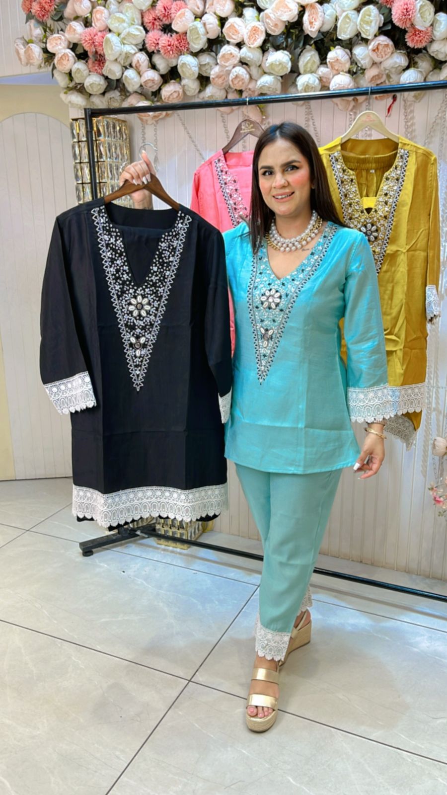 Cotton Cordset With Beautiful Neckline and Lace Work PC1038