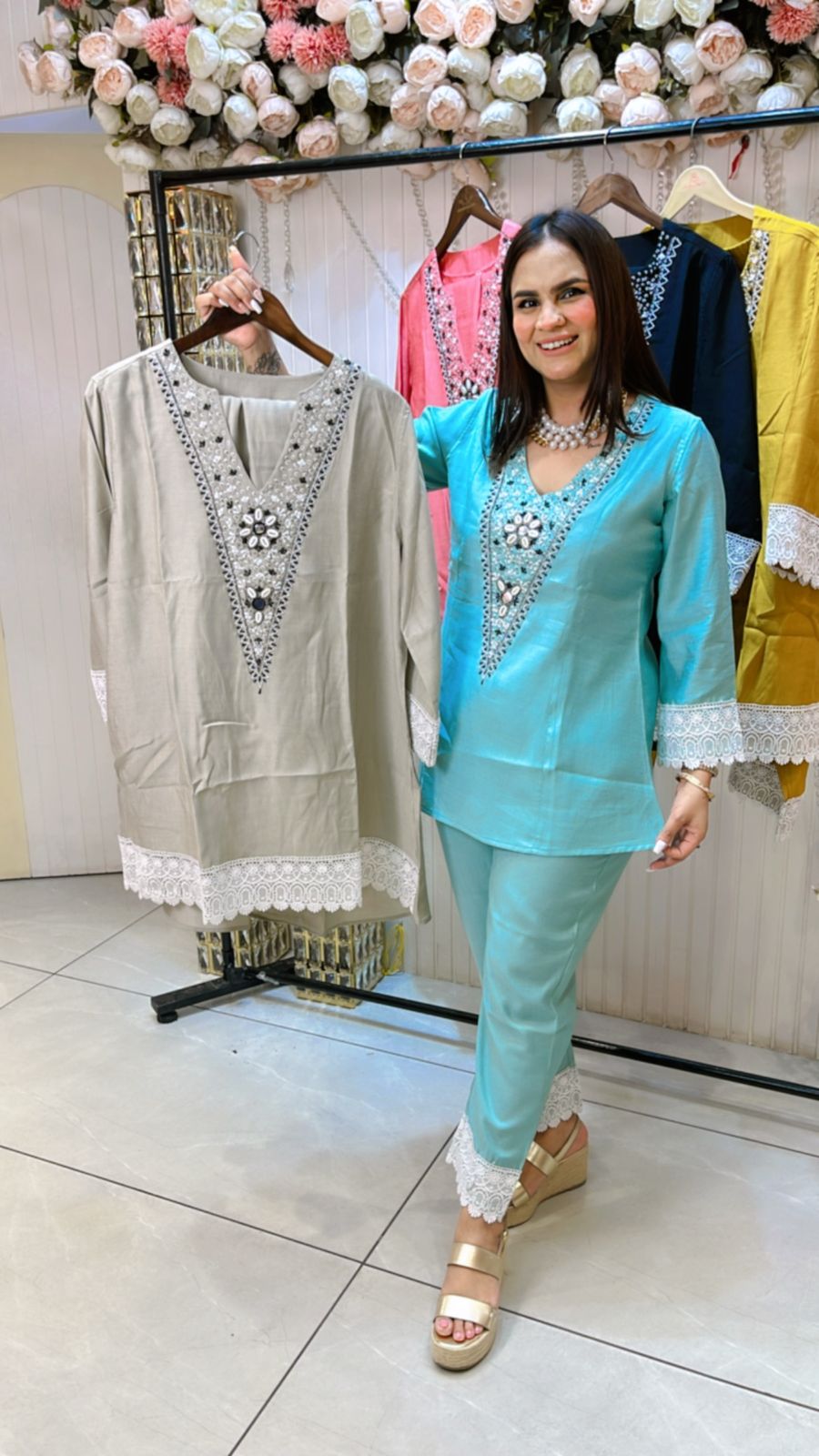 Cotton Cordset With Beautiful Neckline and Lace Work PC1038