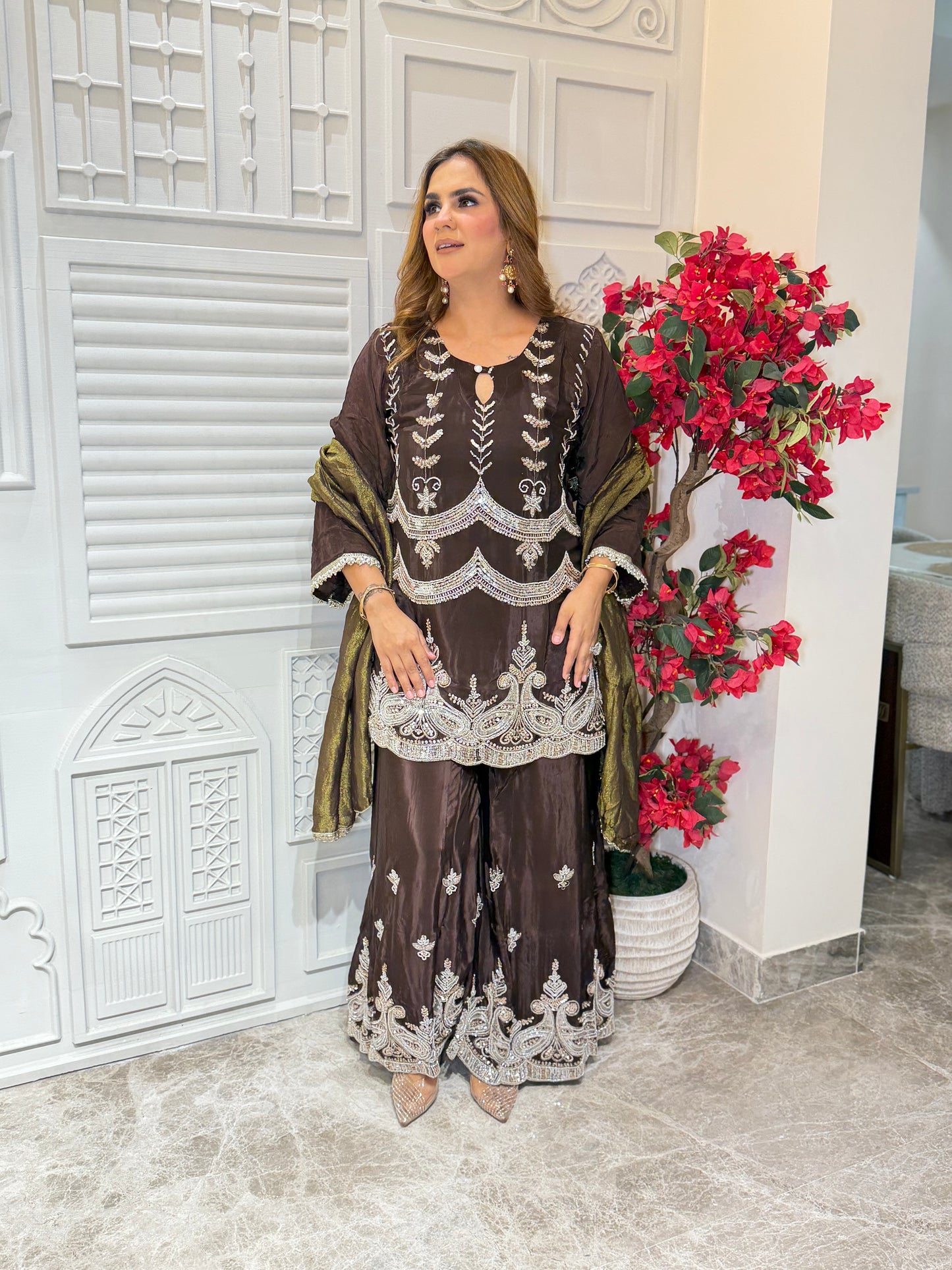 Beutiful elegant partywear pure crape suit pc3251