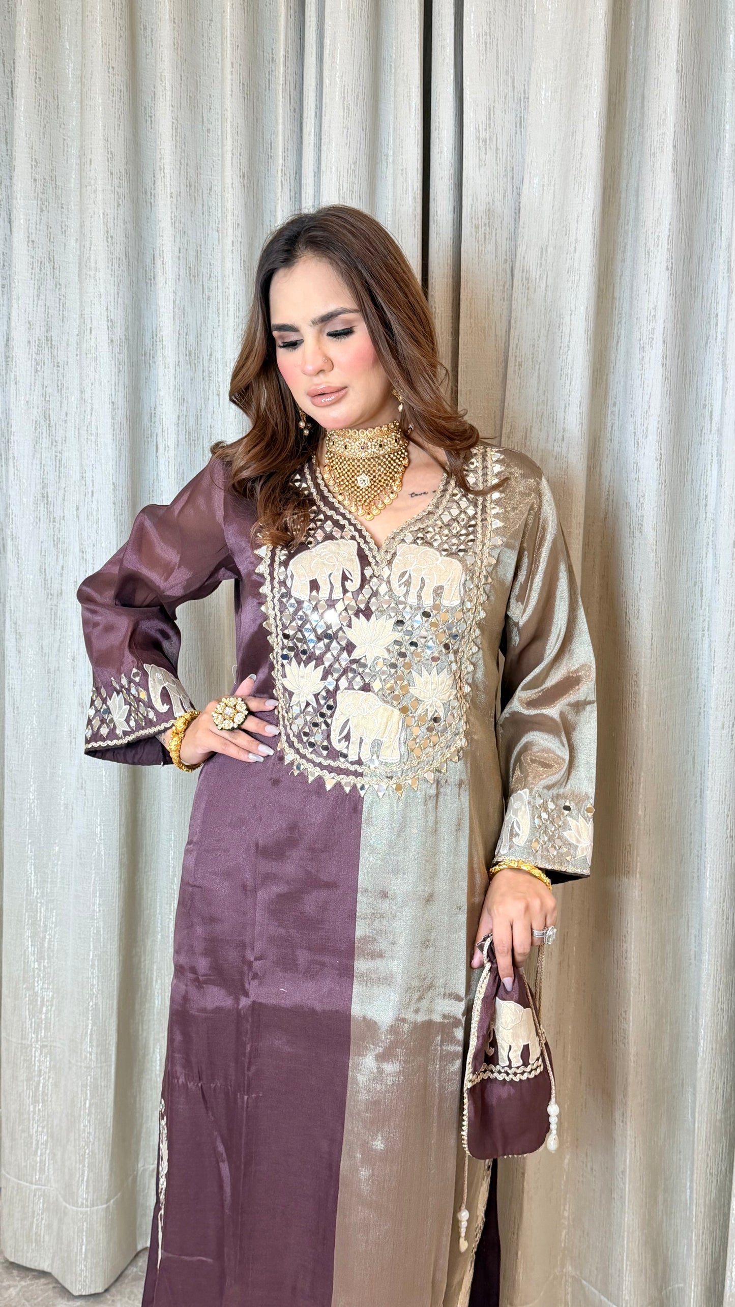 Beautiful Dual Shade Indo-Western Dress With Potli PC3334