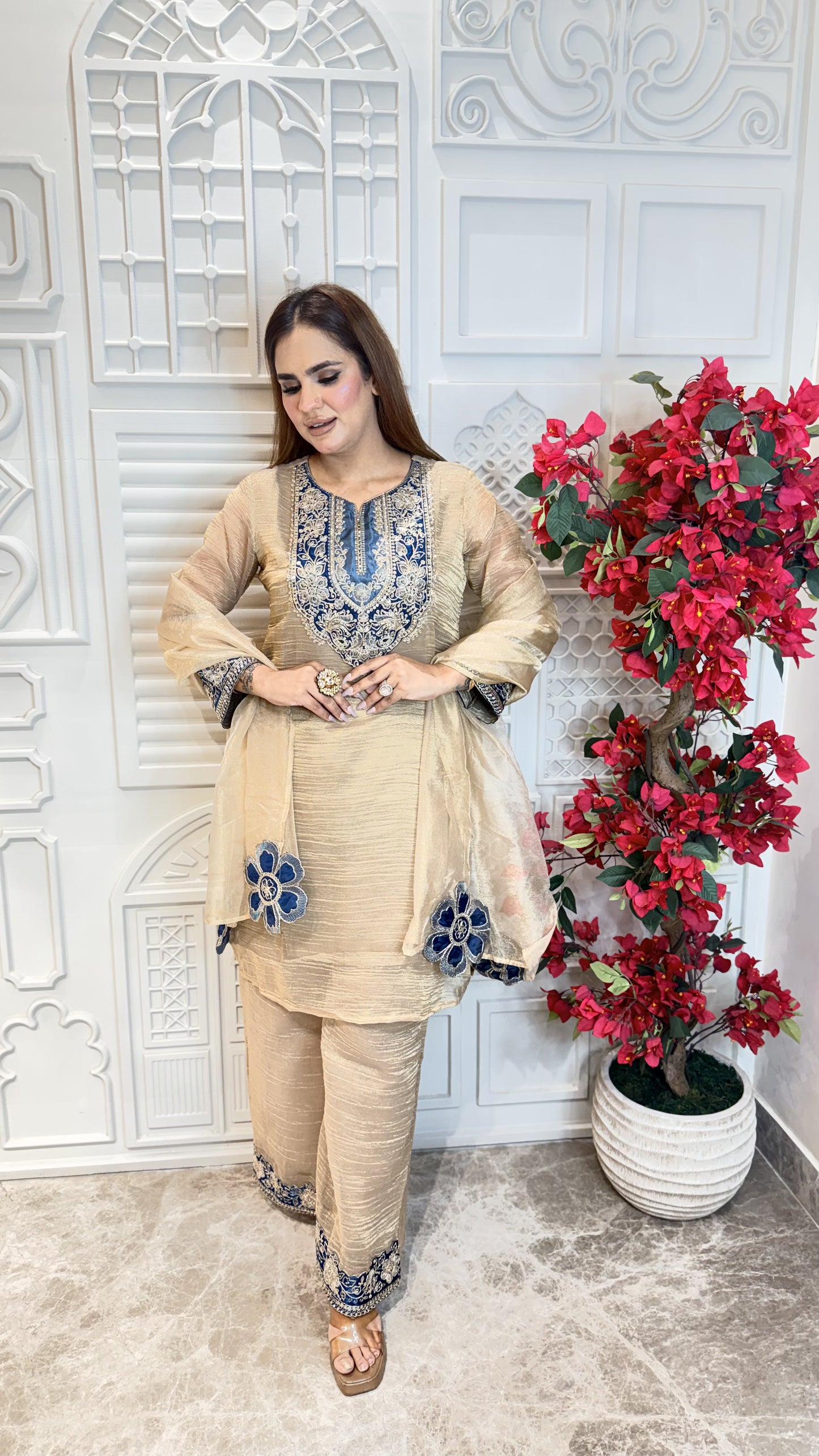 Beutiful beige suit with blue floral embroidery pc3353