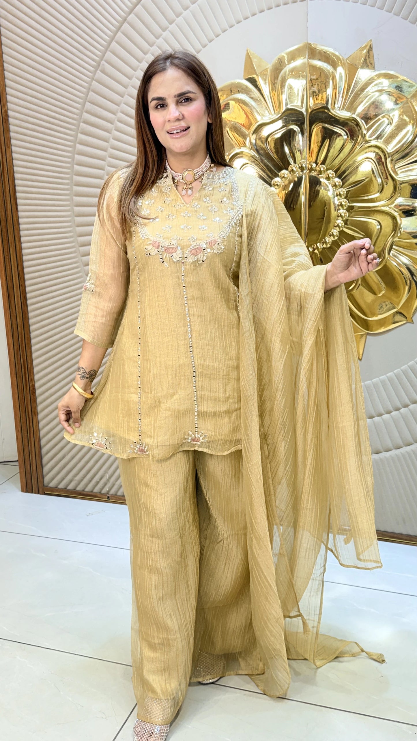 beautiful gold crush tissue sharara suit set PC3377