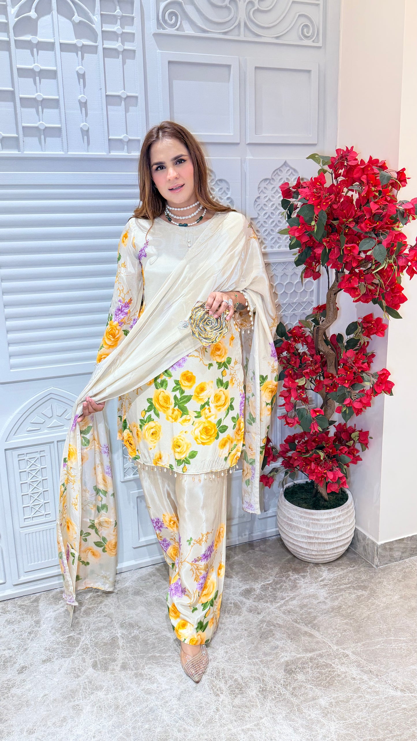 Elegant Cream floral printed cotton suit PC3456