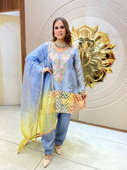 Beautiful pastel blue silk ethnic suit PC3466