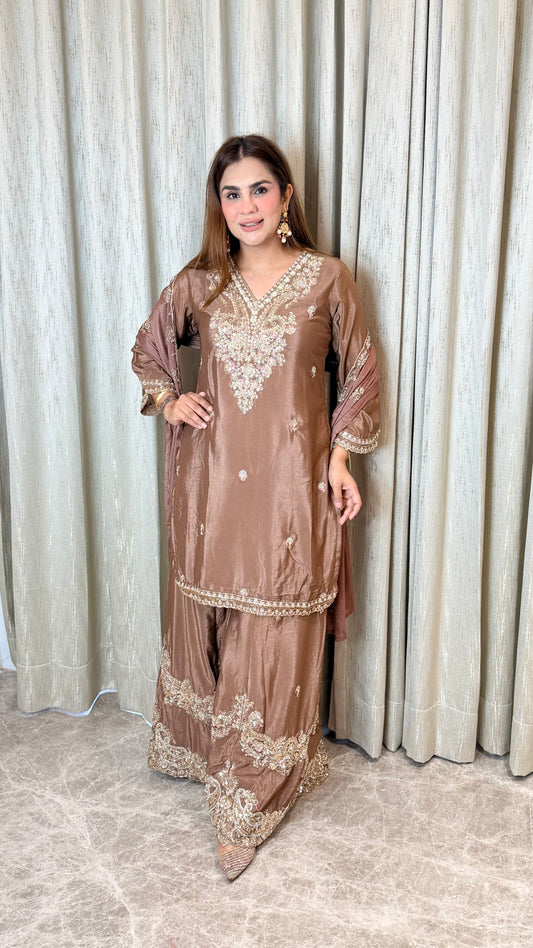 Elegant brown shimmer tissue silk sharara set PC3482