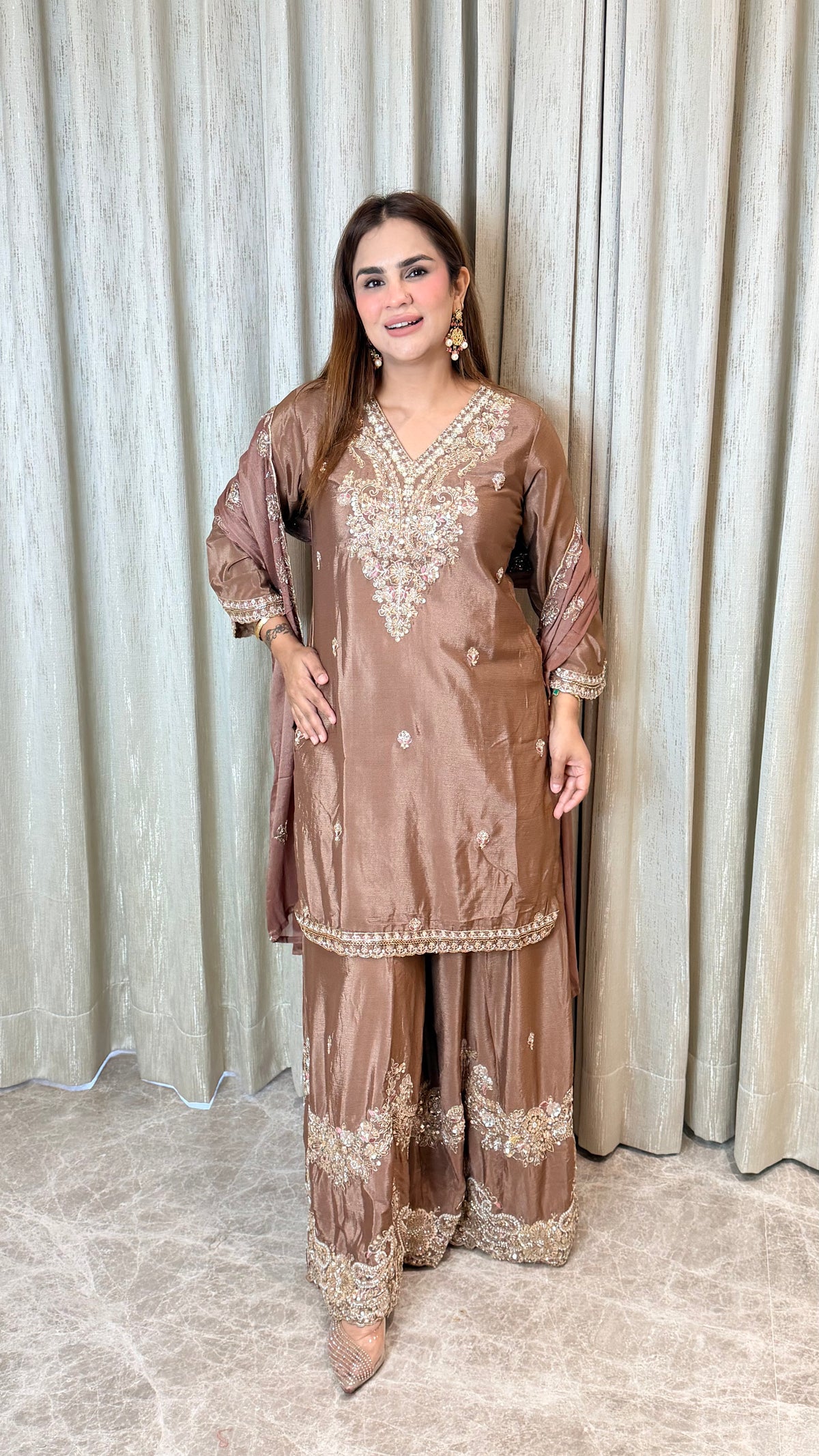 Elegant brown shimmer tissue silk sharara set PC3482
