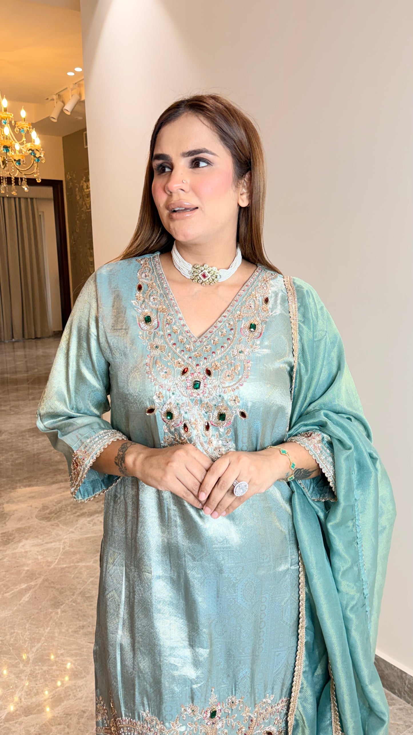 Elegant tissue-silk kurta and farshi salwar set PC3511