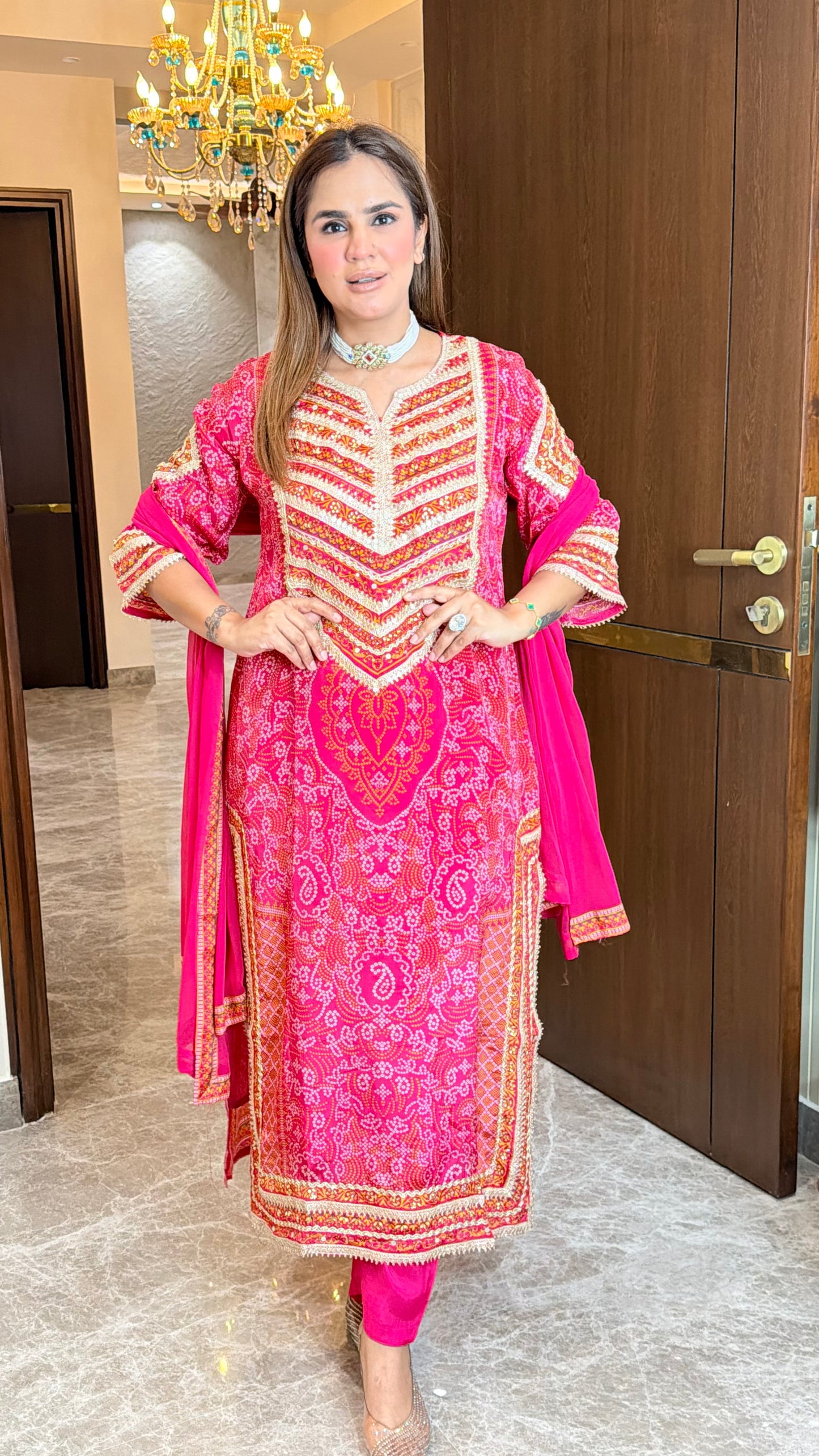 Elegant bright pink Bandhani print crepe suit set PC3513