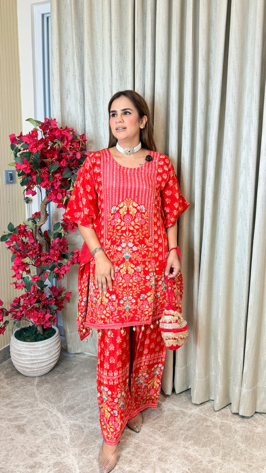 Beautiful bright red floral print kaftan co-ord set PC3517