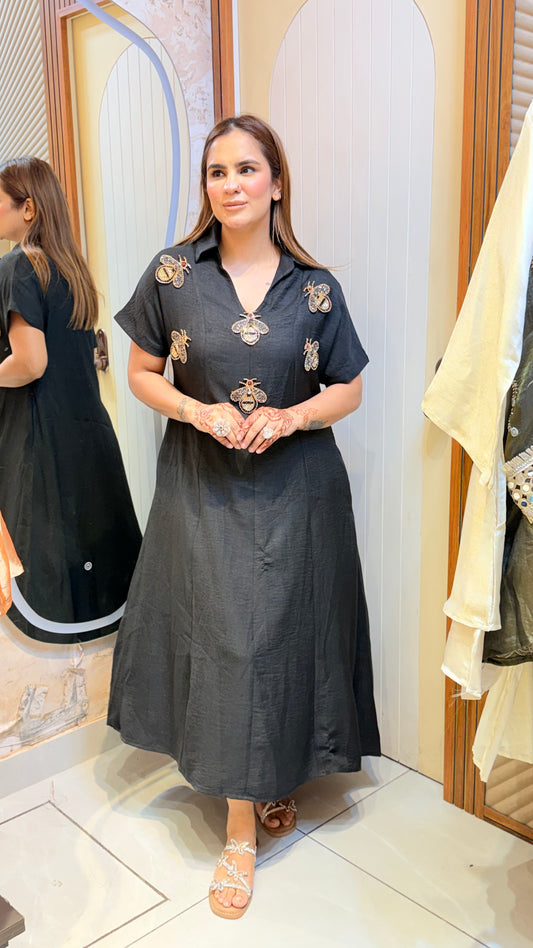 Elegant bright mustard-yellow midi shirt dress PC3522