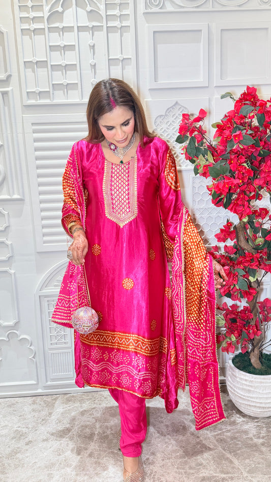 Elegant pink Gulnaar Gajji Silk Embroidered 3-Piece Set PC3538