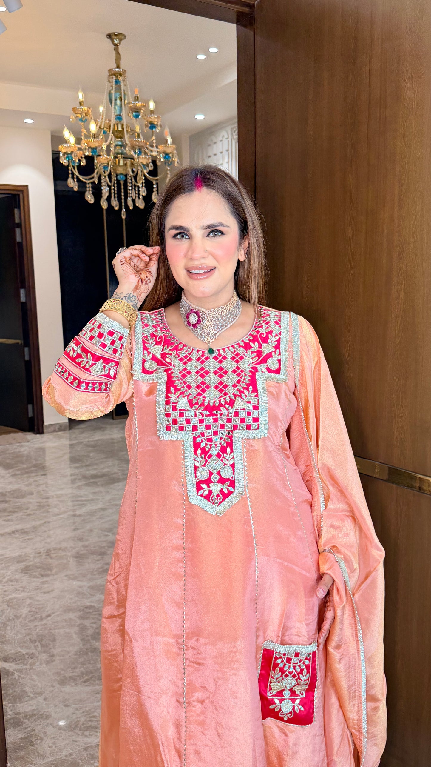 Elegant peach-colored silk anarkali kurta set PC3539