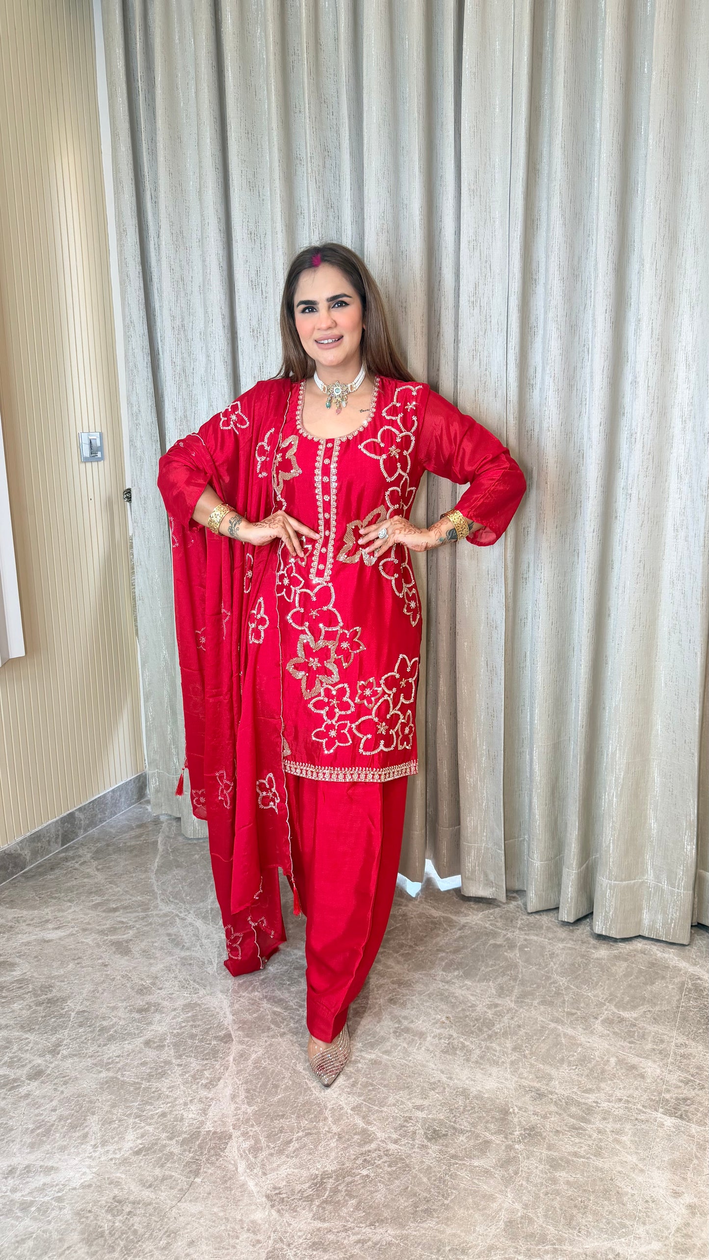 Elegant red silk or satin ethnic suit set PC3548