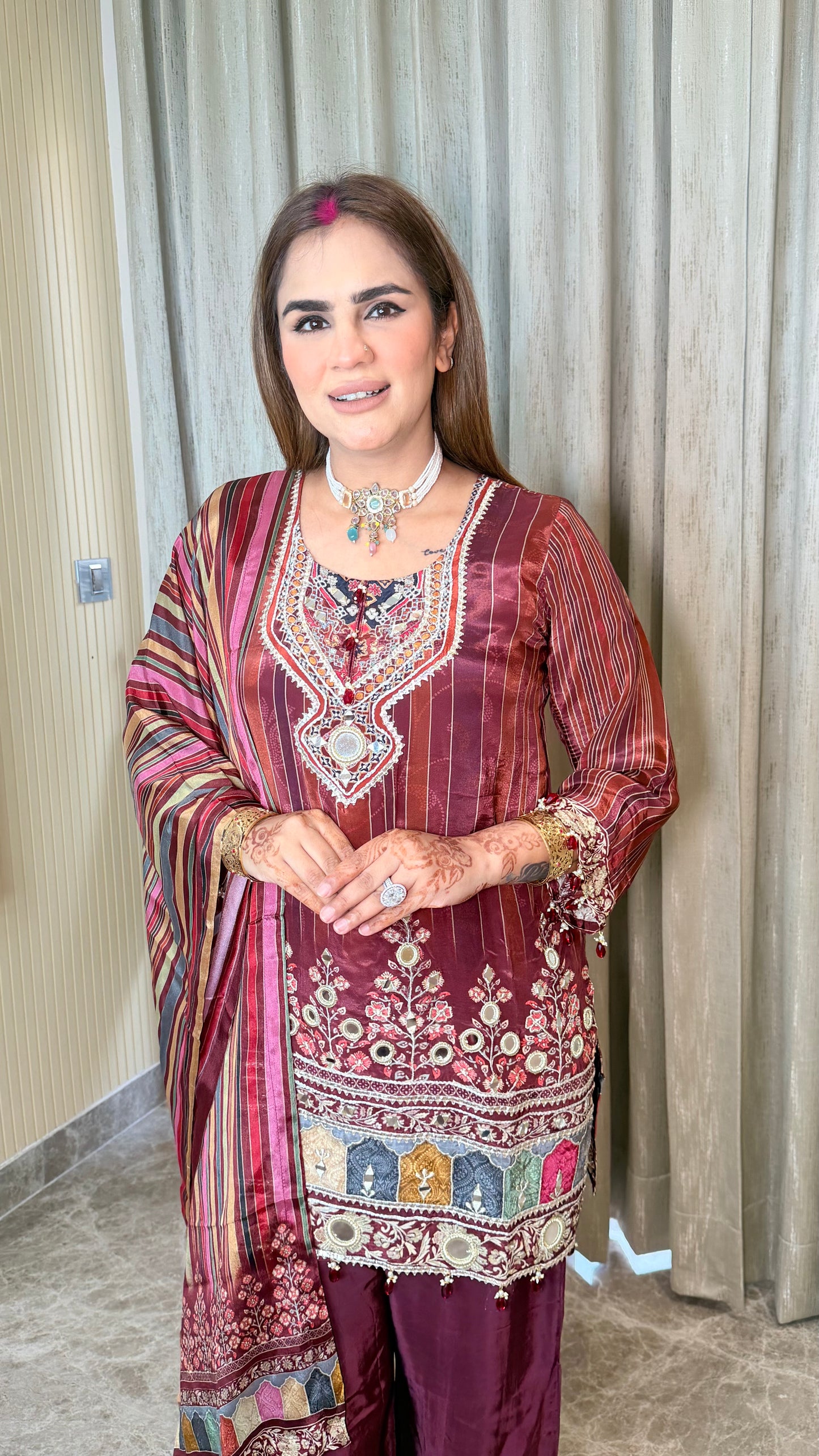Elegant Ethnic maroon chinon silk embellished short kurta PC3549