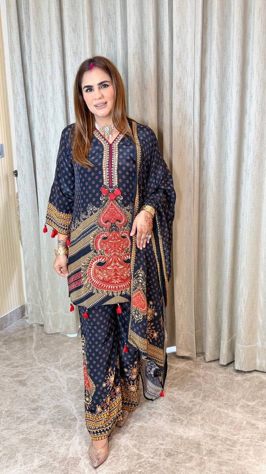 Beautiful navy blue crepe digital-printed suit set PC3553