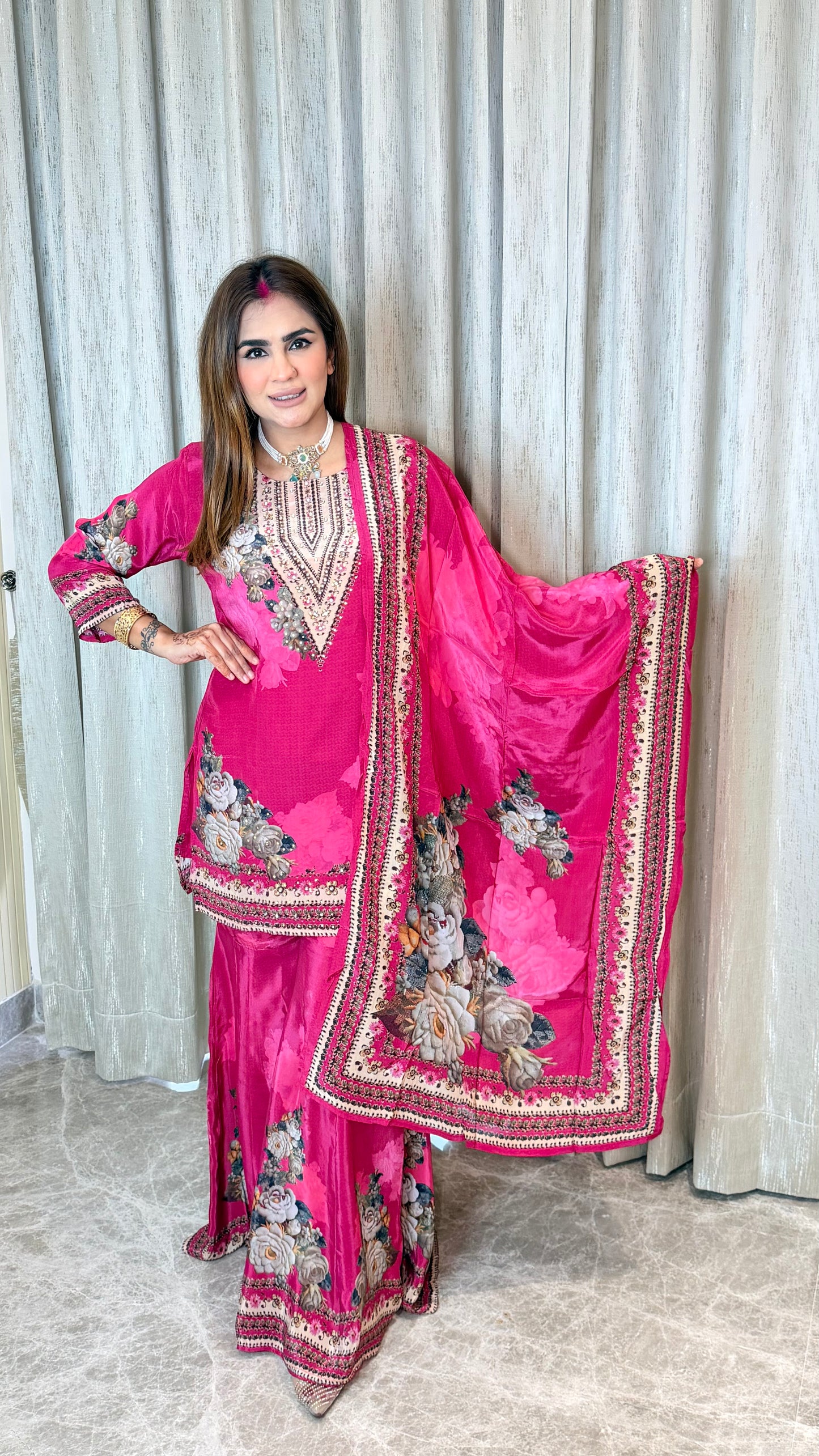 Beautiful pink floral-printed and embroidered ethnic sharara set PC3555