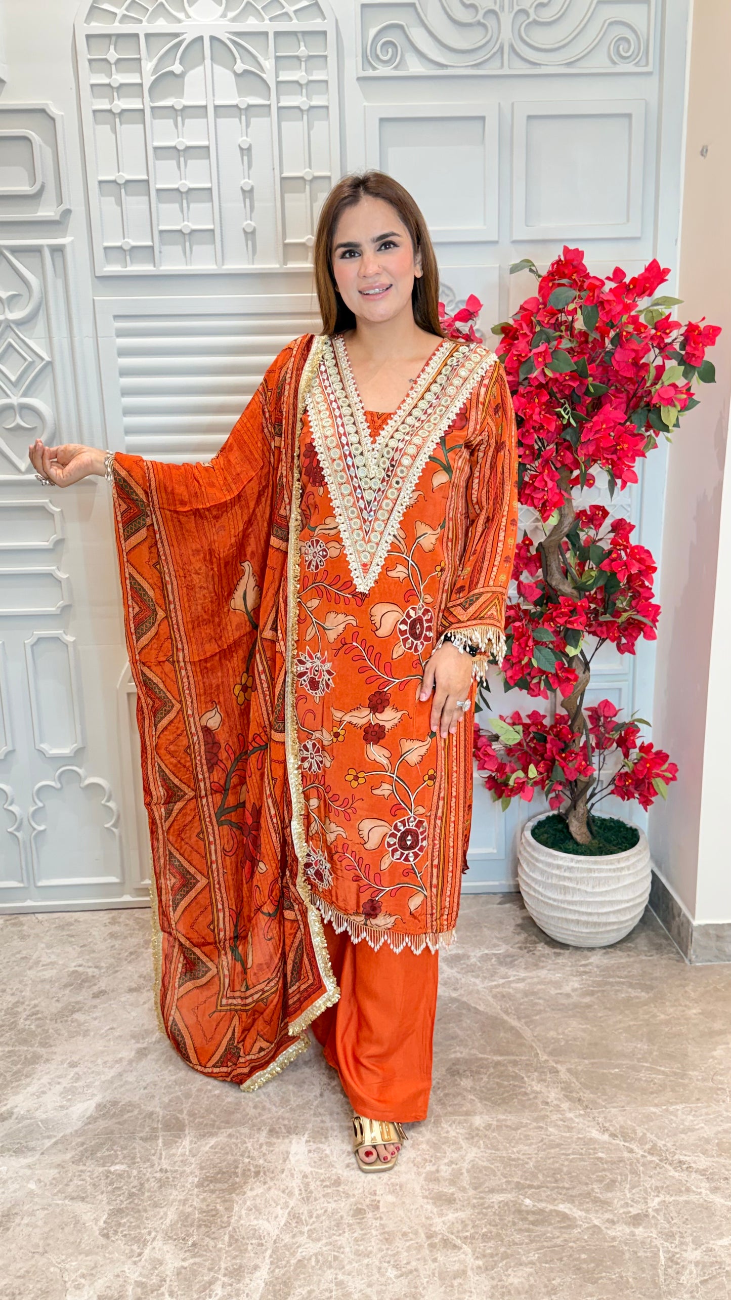 Elegant Orange floral-printed three-piece ethnic suit set PC3578