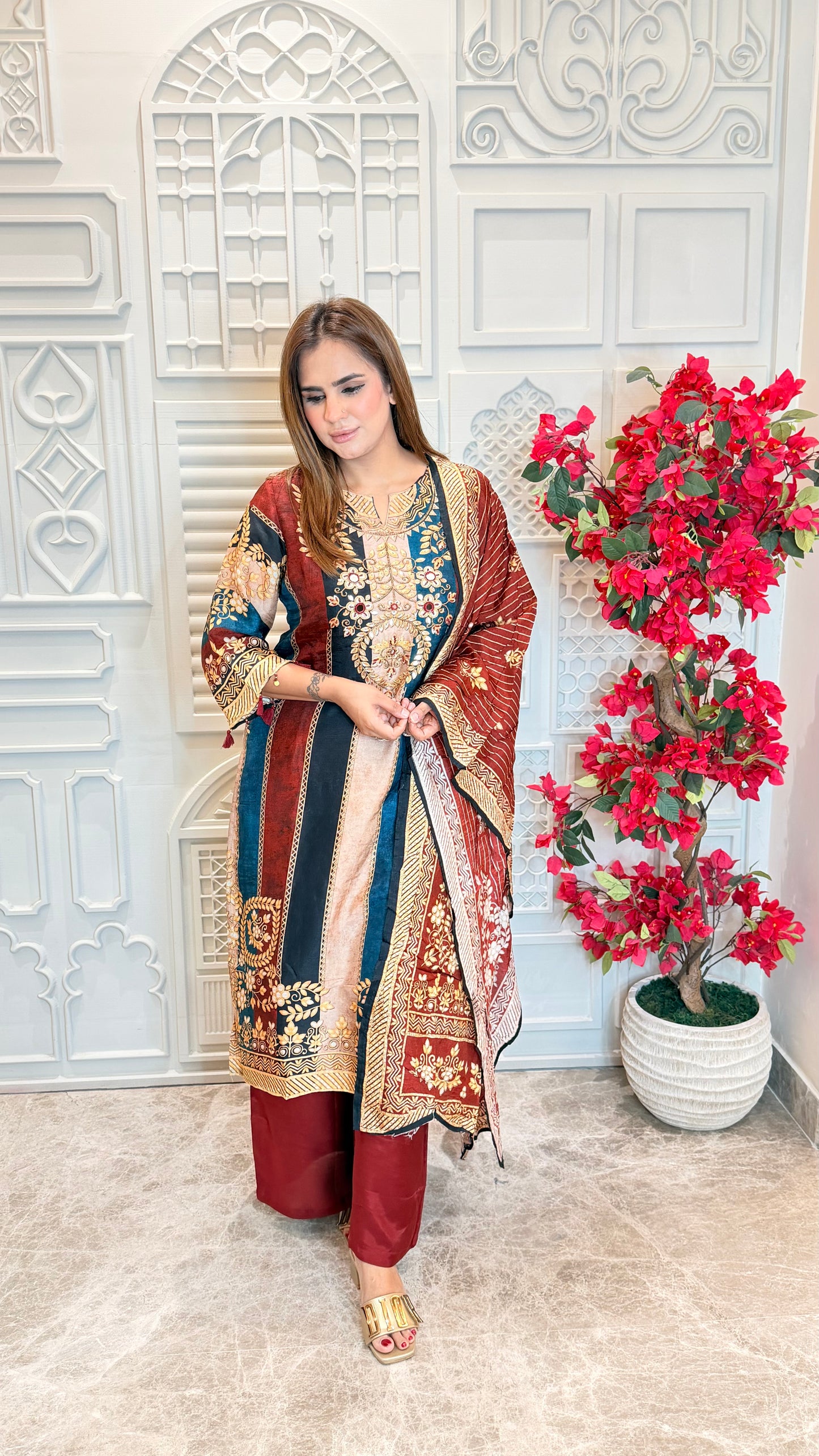 Beautiful multi-colored striped kurta paired with matching plain trousers PC3580