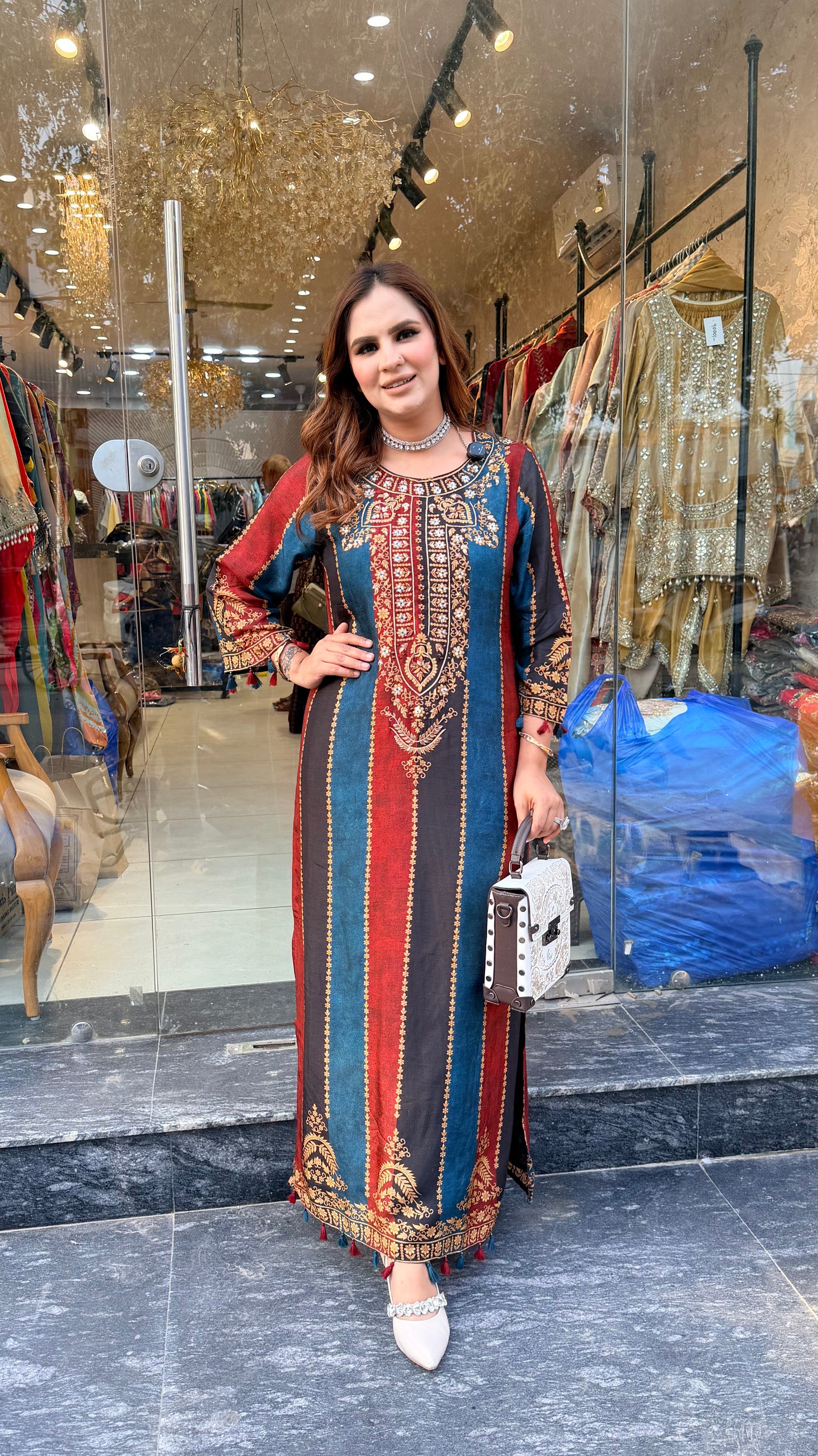 Elegant Multicolored striped long kurta pc3600